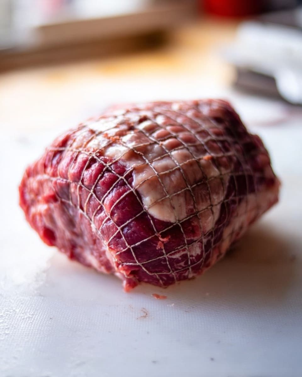 The image shows a large piece of raw meat wrapped tightly in a net-like string, placed in the center of a white cutting board. The meat has layers of pink and red tones with visible fat on top, giving it a marbled texture. The white marbled surface beneath the board is bright and clean, and the background is softly blurred to focus on the meat. photo taken with an iphone --ar 4:5 --v 7