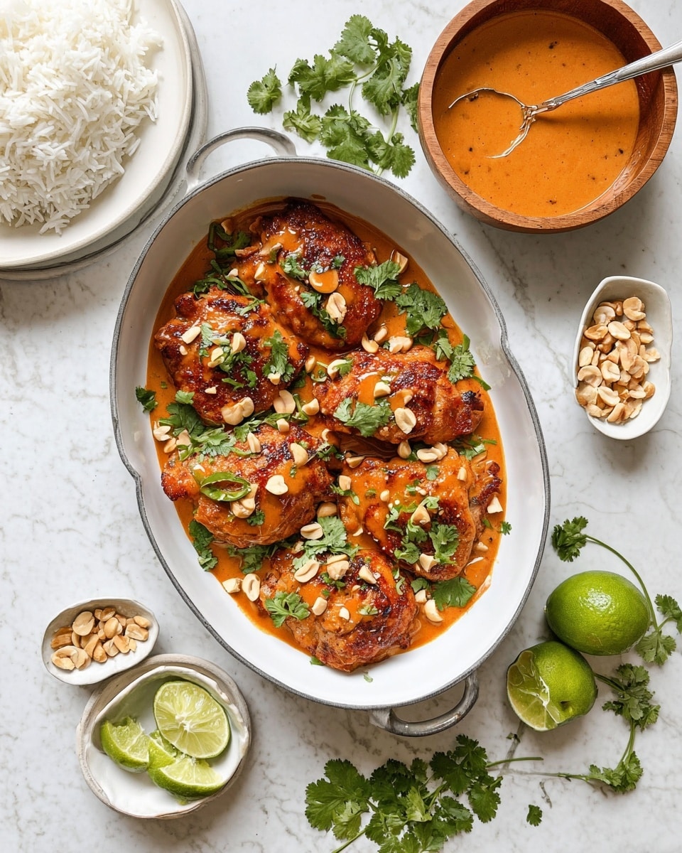 The image shows a white oval dish filled with seven cooked pieces of reddish-brown chicken with a slightly crispy texture. The chicken pieces are topped with light orange sauce drizzles, green fresh cilantro leaves, and scattered light beige chopped nuts. To the right of the dish, there is a round wooden bowl containing more orange sauce with a metal spoon inside. Next to the bowl are two whole green limes, with one cut in half showing its light green inside. Below the dish, two small white bowls sit on a white marbled surface, one containing lime wedges and the other filled with chopped nuts. Some scattered cilantro leaves and nuts are also spread around the dishes. On the left edge, part of a white plate with white rice is visible. The whole scene is on a white marbled texture photo taken with an iphone --ar 4:5 --v 7