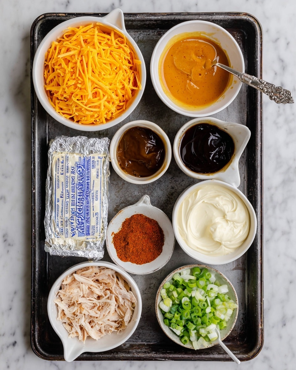 A dark metal tray sits on a white marbled surface, holding eight small white bowls and one white measuring cup filled with various ingredients. From the top left, there is a bowl full of shredded bright orange cheese with thin, long pieces. Next to it are two smaller bowls with dark brown and bright orange sauces, smooth in texture. Below, a half-cup white measuring cup is filled with creamy white spread, thick and smooth. To its right, a bowl holds a pile of reddish-brown powder with a fine texture. On the bottom left, a bowl contains shredded light brown cooked chicken with a soft texture. Below that is a wrapped block of cream cheese in silver foil with blue writing. Next to the chicken is a bowl with finely chopped white onions, small and irregular pieces. Finally, on the bottom right, a bowl is filled with sliced green onions, bright and fresh with different green shades. Photo taken with an iphone --ar 4:5 --v 7