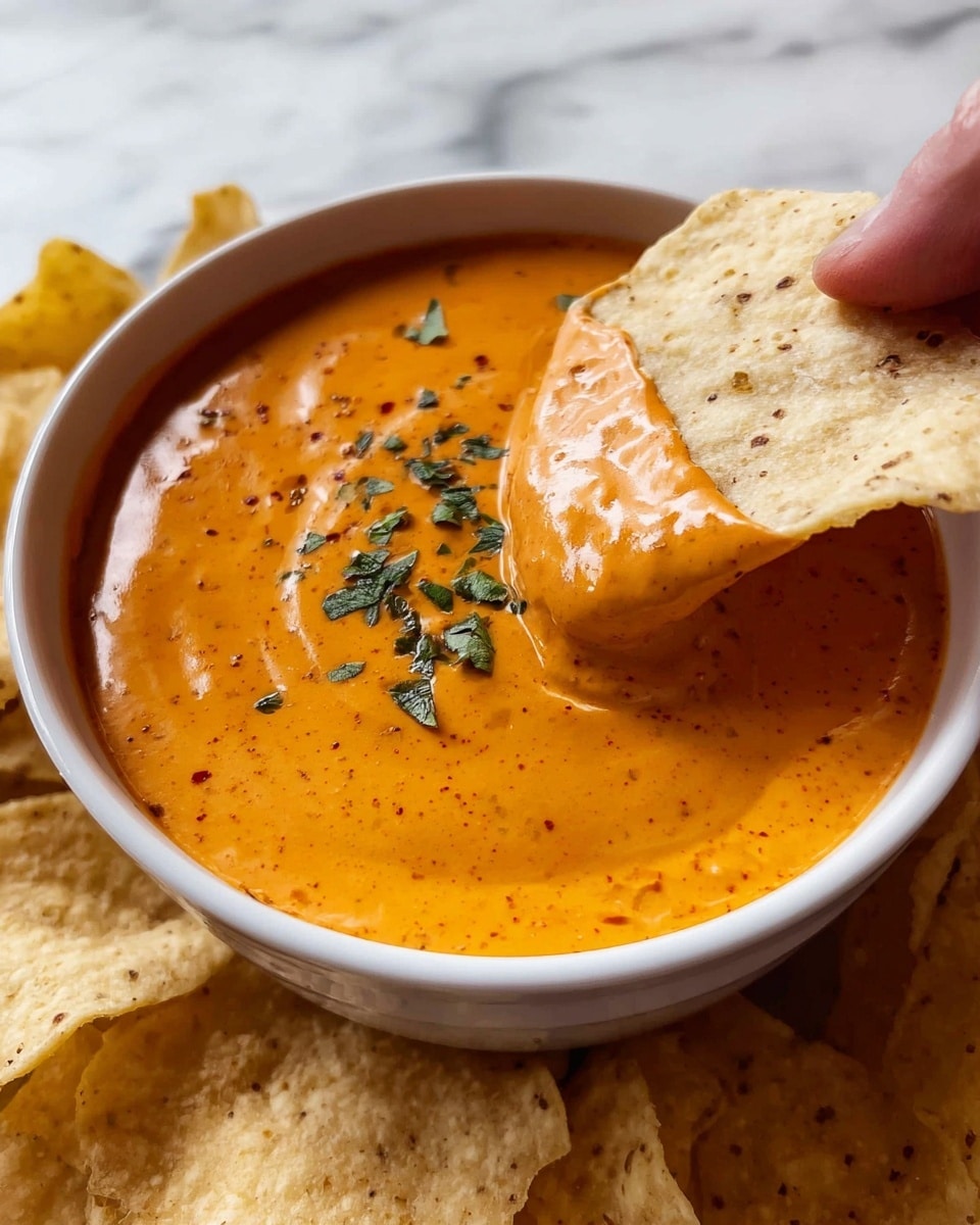 The image shows a close-up of a white bowl filled with a smooth, thick orange cheese sauce with a few small specks of spices. The cheese sauce has a shiny texture and is topped with small green herb pieces in the center. A woman's hand is dipping a large, light beige tortilla chip into the cheese, with the chip coated halfway with the sauce. Around the bowl, more light beige tortilla chips are spread out on a white marbled surface. photo taken with an iphone --ar 4:5 --v 7