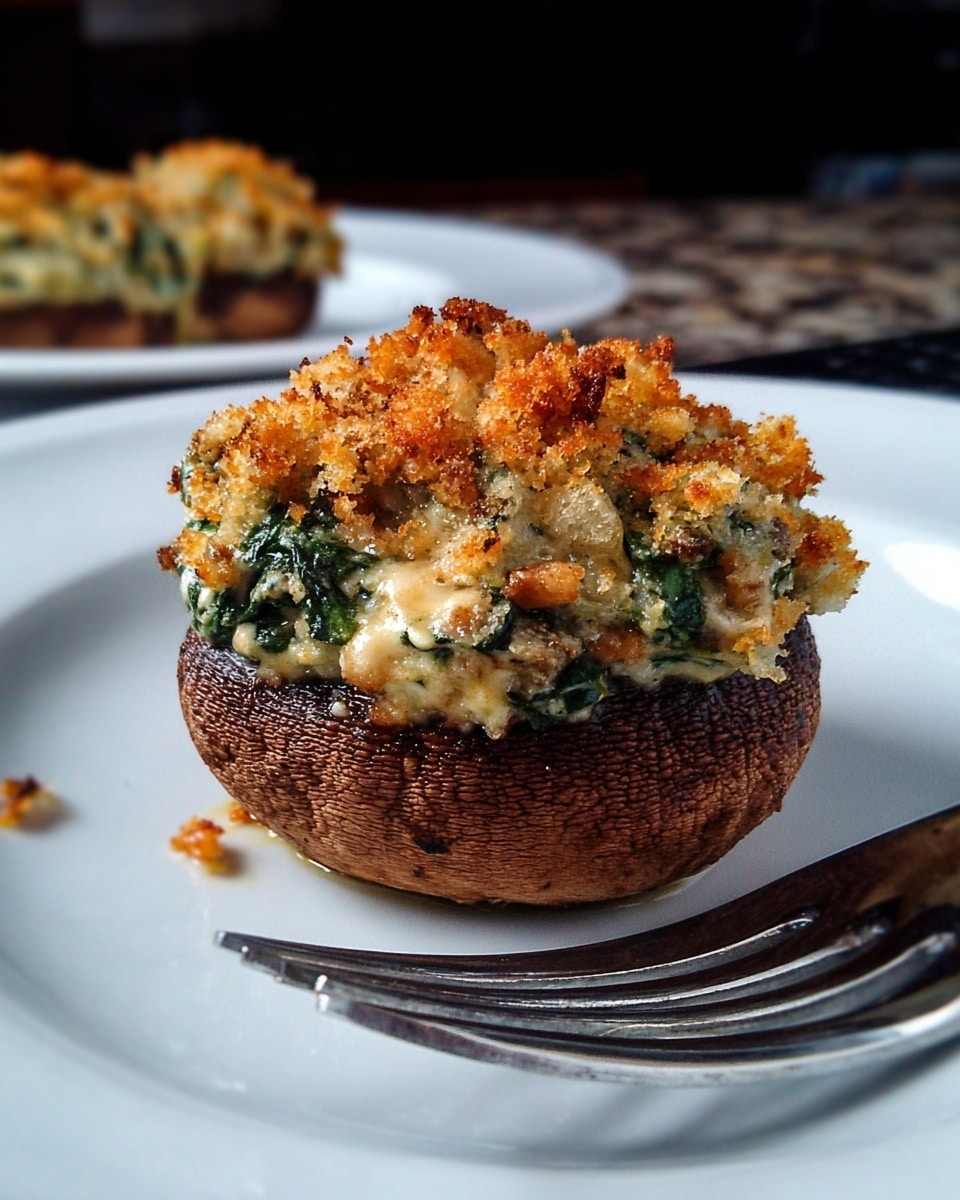 A close-up of a stuffed mushroom on a white plate, placed on a white marbled surface. The dish has three layers: the bottom layer is a whole mushroom cap with a dark, smooth, and slightly shiny brown surface; the middle layer is a creamy, light yellow filling mixed with green spinach and small pieces of mushroom; the top layer is a crumbly golden-brown mixture, giving a crunchy texture. A silver fork is positioned in the front right corner of the plate. The background is dark and blurred. Photo taken with an iphone --ar 4:5 --v 7