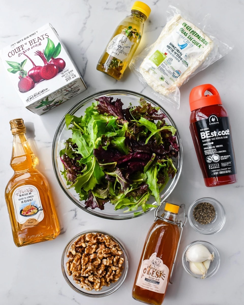 A clear glass bowl filled with mixed leafy greens, showing layers of dark purple-red and bright green leaves with various textures, is placed on a white marbled texture surface. Around the bowl are several items arranged loosely: a white box labeled cooked beets with red and green illustrations near the bottom left, a small clear bowl of light brown walnuts just above it, a plastic honey bear bottle with amber-colored honey below the bowl of walnuts, and a white packaged log of organic goat cheese above it. To the right side, there is a glass bottle of red wine vinegar with a red-orange cap, a clear plastic bottle of vegetable oil with a yellow cap, a glass jar of Dijon mustard with a black lid, a small bowl of cracked black pepper, a small bowl of white salt, and a single whole shallot. All items rest on the white marbled surface, giving a clean and fresh look. photo taken with an iphone --ar 4:5 --v 7