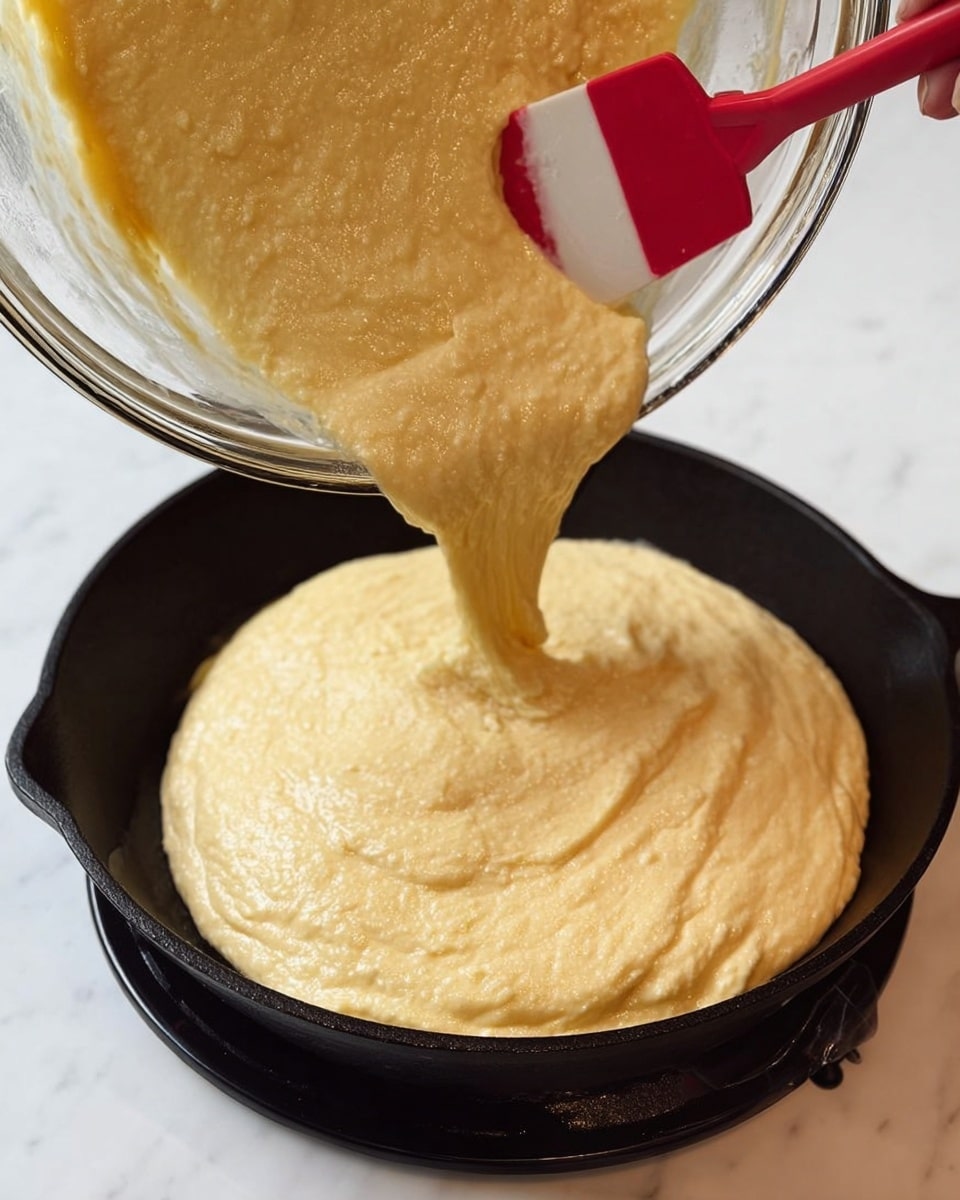A close-up view shows thick pale yellow batter being poured from a clear glass bowl into a black cast iron pan below. The batter has a smooth and slightly lumpy texture, flowing gradually from the bowl’s edge onto the pan’s shiny surface. A red and white spatula is inside the bowl, helping to guide the batter. A woman's hand holds the bowl steady at the left side of the image. The background shows a white marbled surface. photo taken with an iphone --ar 4:5 --v 7