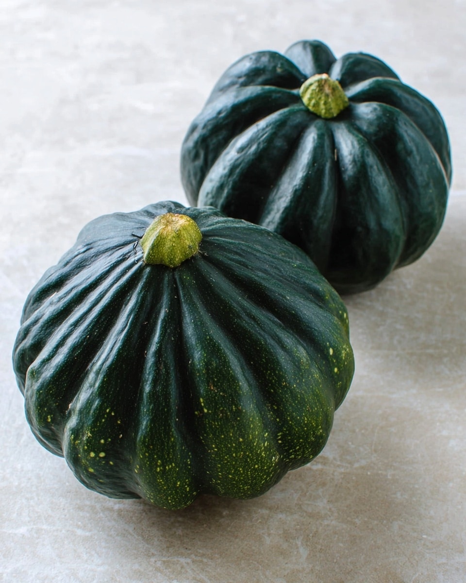 The image shows two whole dark green acorn squashes placed close to each other on a white marbled texture surface. Both squashes have a ridged texture with deep grooves running vertically from top to bottom, showing a rich, dark green color with subtle lighter green spots. One squash is positioned to show its top stem end, while the other shows the side view more fully. The surface underneath highlights the squashes' smooth, slightly shiny skin and natural imperfections. Photo taken with an iphone --ar 4:5 --v 7