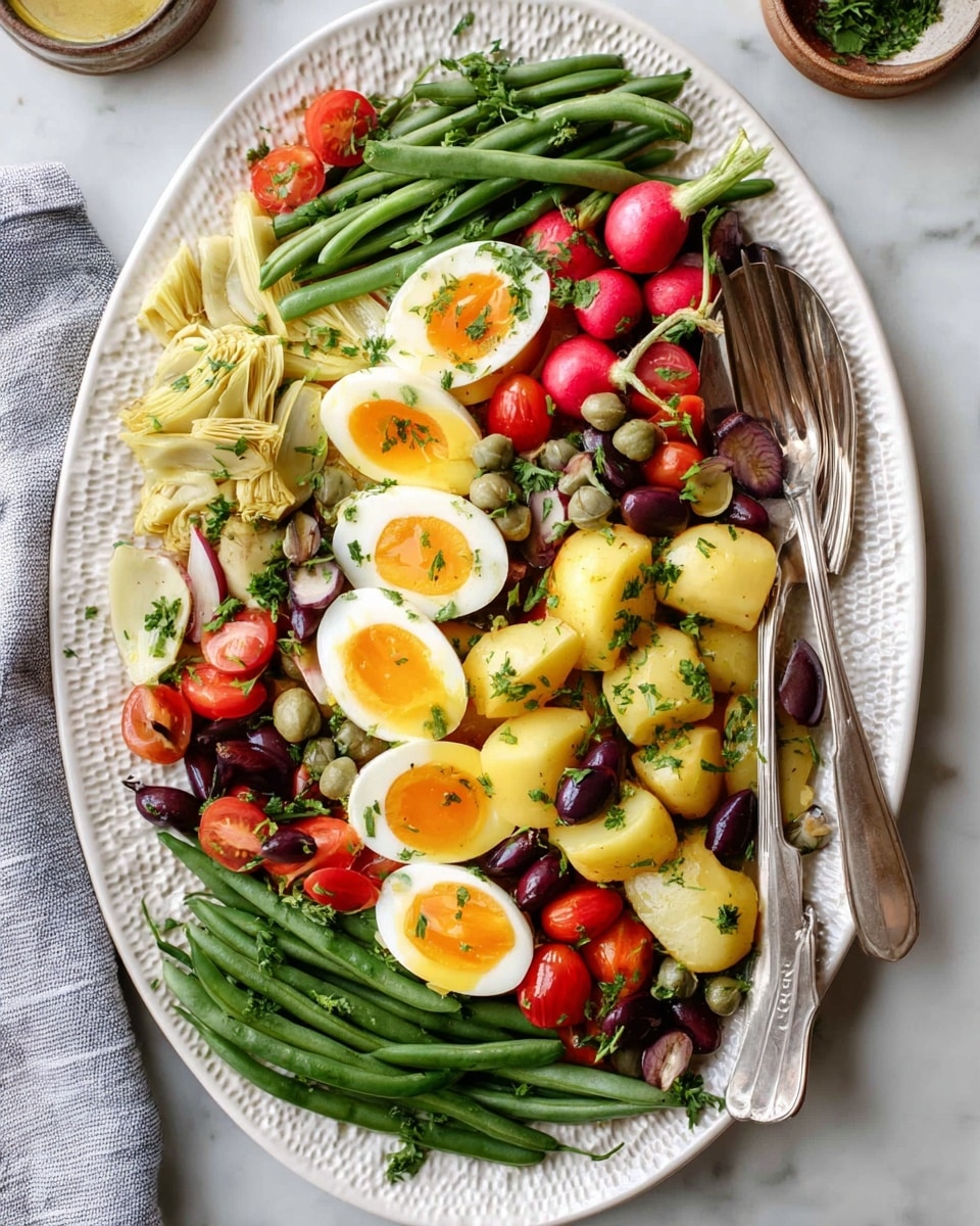 The dish is shown on a large white oval plate with a textured pattern, placed on a white marbled surface. It has multiple layers of fresh ingredients arranged side by side: bright green beans line the top and bottom edges, next to a layer of pale white beans mixed with dark green capers. Above the beans are pale yellow artichoke hearts, followed by several whole red radishes nestled with green and dark purple olives. In the middle are four halved boiled eggs with vibrant yellow-orange yolks. Scattered around the eggs are yellow boiled potato chunks and halved bright red cherry tomatoes. The whole dish is sprinkled lightly with chopped parsley. A silver serving spoon and fork rest on the right side of the plate. Photo taken with an iphone --ar 4:5 --v 7