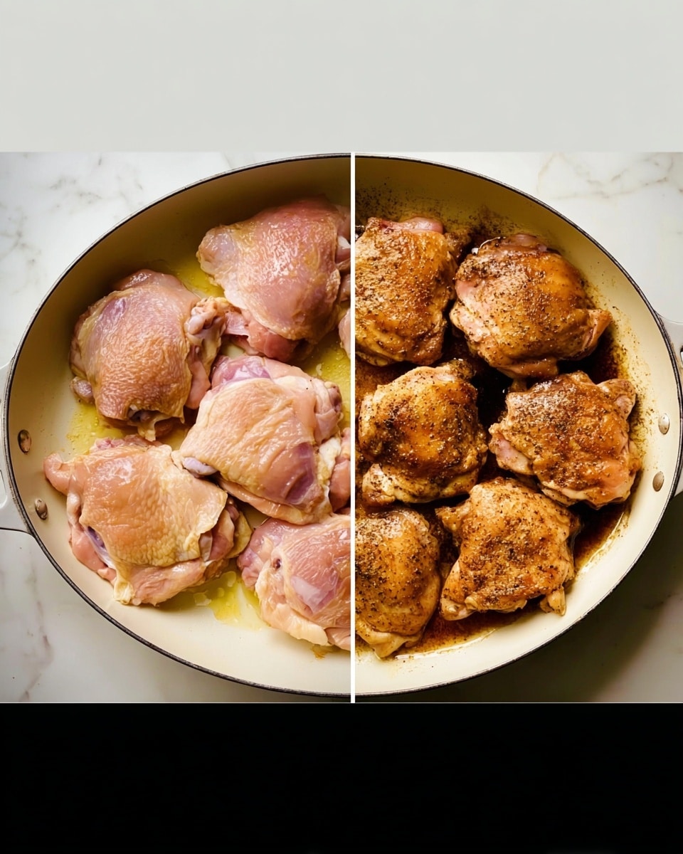 The image shows two side-by-side views of a white pan on a white marbled surface. On the left side, there are seven raw chicken thighs placed inside the pan, pale pink in color with some light yellow fat, and glistening with oil or juice. On the right side, the same chicken thighs are cooked and have turned golden brown with a crispy, seasoned outer layer, sitting in the pan with some browned oil or juices beneath them. Photo taken with an iphone --ar 4:5 --v 7