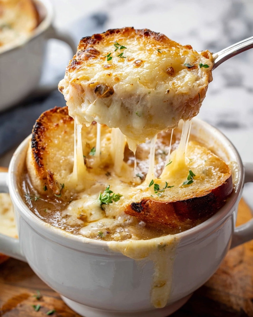 A white bowl filled with layers of golden toasted bread on top, covered in melted cheese that has browned slightly in spots, with some fresh green herbs sprinkled on top. Under the bread, a thick, creamy layer of light brown onion soup can be seen, giving a warm and rich look. A silver spoon is lifting a stretch of gooey melted cheese from the bowl. The bowl sits on a wooden surface with a white marbled texture in the background. photo taken with an iphone --ar 4:5 --v 7