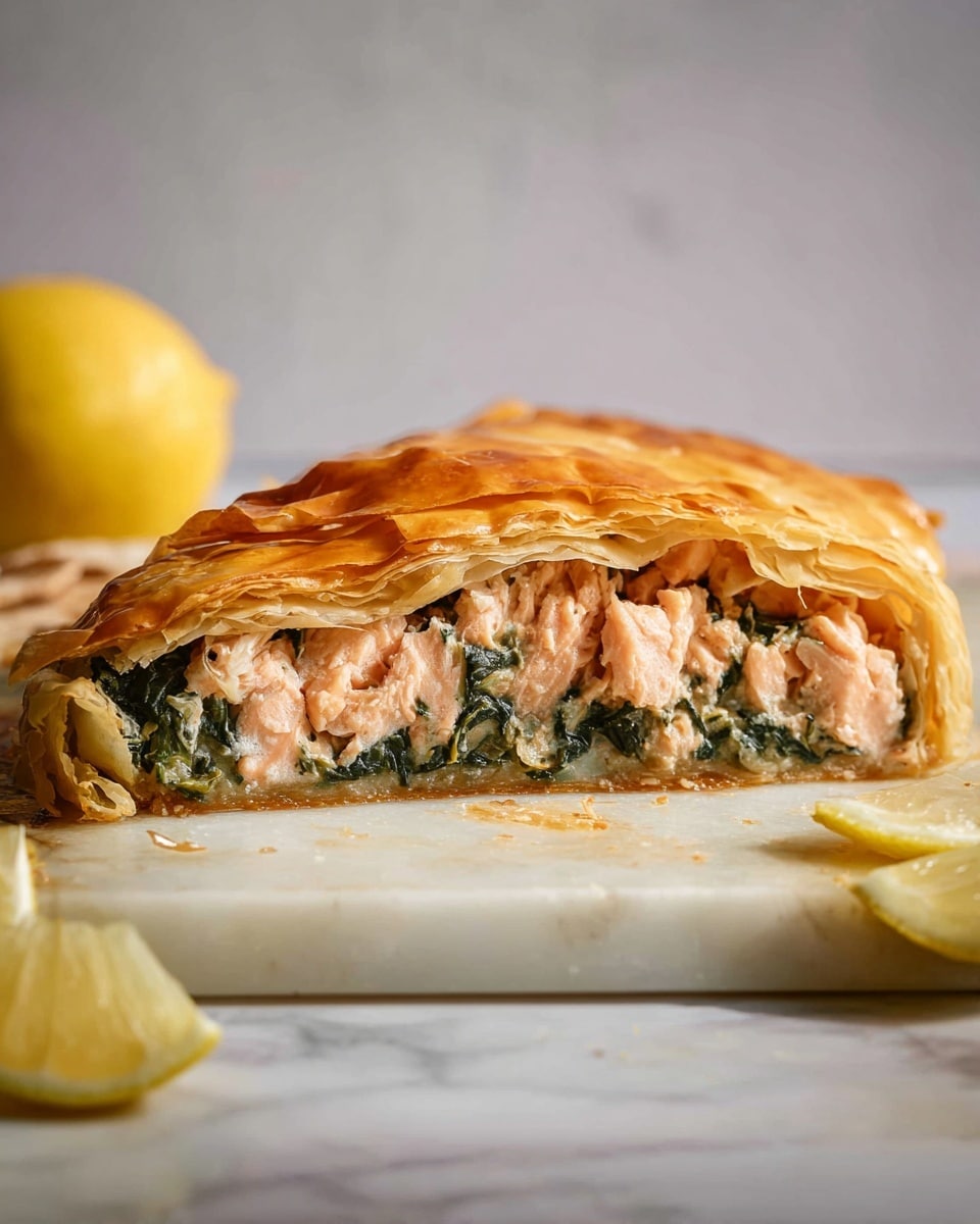 The image shows a cross-section of a baked dish on a white marbled surface. The dish has three main layers: the top and bottom layers are golden-brown, flaky pastry with a crisp texture, and the middle layer contains two parts—the bottom part is pinkish cooked salmon, broken into chunks, and the top part looks like dark green cooked spinach or leafy greens, slightly moist and packed tightly. To the left of the dish, there is a whole yellow lemon, and two small slices of lemon are placed on the right side. The soft natural light highlights the flaky pastry and the texture of the spinach and salmon inside. Photo taken with an iphone --ar 4:5 --v 7