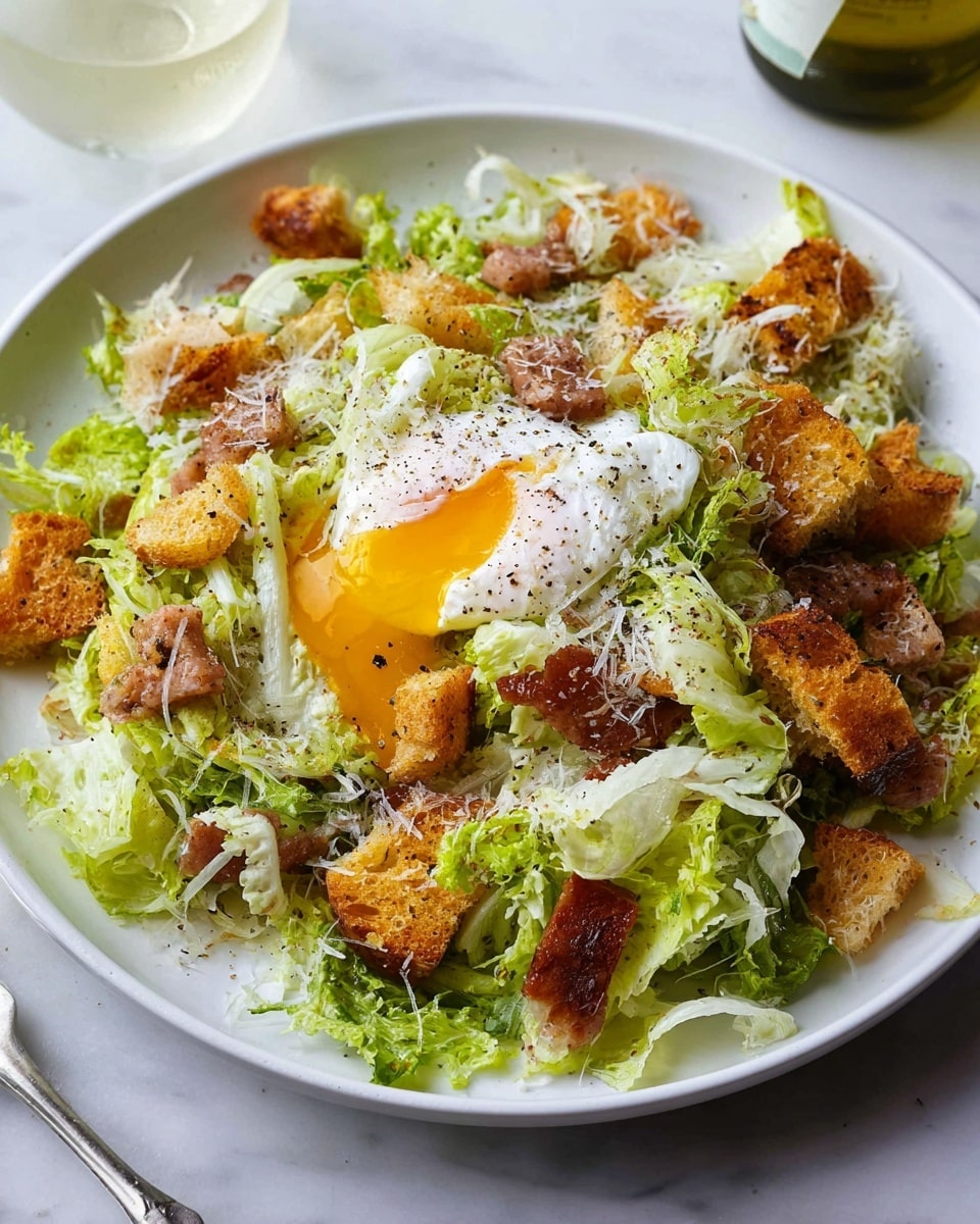A white round plate holds a salad with several layers. The bottom layer is light green and white curly lettuce with soft, frilly edges filling most of the plate. Scattered on top are golden brown toasted bread pieces with a crunchy texture. Small chunks of crispy browned meat are spread evenly throughout. In the center, there is a soft poached egg with a slightly runny bright yellow yolk spilling over the white, sprinkled with black pepper. The dish sits on a white marbled surface, with a glass of light drink and a bottle visible around the edges. Photo taken with an iphone --ar 4:5 --v 7