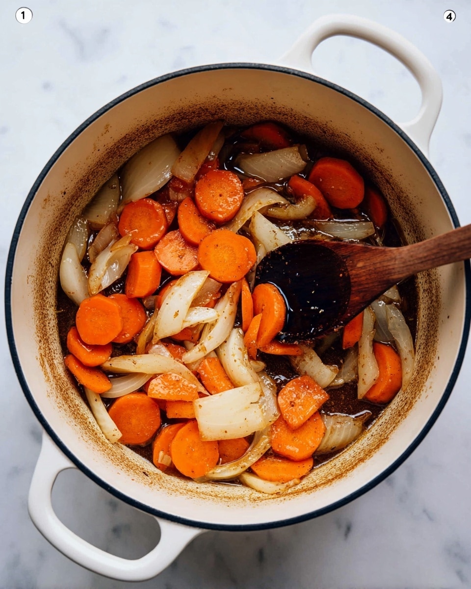 A white pot with two handles holds cooked carrot slices and onion slices with some browning at the bottom. The onions are light brown and translucent, while the carrots are bright orange and round. A wooden spoon with a darkened scoop is stirring the vegetables inside the pot. The pot is on a white marbled surface. photo taken with an iphone --ar 4:5 --v 7