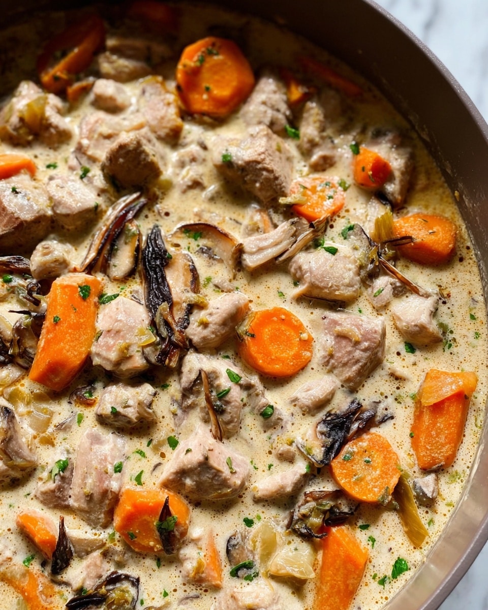 This image shows a creamy stew with multiple layers mixed together in a pot. The stew contains light brown chunks of cooked meat spread through the dish, alongside bright orange carrot slices cut thick and scattered evenly. There are thin, dark brown mushroom pieces with a wrinkled texture, and small light beige onion pieces with smooth edges mixed throughout. Green herb bits are sprinkled on top, adding small pops of color. The creamy sauce is light beige and coats all ingredients, giving the whole dish a rich, moist look. The photo is taken close-up with a white marbled surface visible at the edges. Photo taken with an iphone --ar 4:5 --v 7