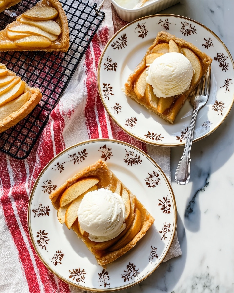 Two slices of apple tart sit on round white plates with brown floral patterns. Each tart has a golden-brown crust and is topped with five or six soft-cooked apple slices arranged in a neat row. On top of each tart slice is a scoop of white vanilla ice cream with a smooth, creamy texture. The plates are placed on a white marbled surface with a red and white striped cloth nearby. To the left, more slices of the apple tart rest on a black cooling rack, and behind them is an open white vanilla ice cream container with a woman’s hand holding a spoon inside. The lighting is bright and natural, creating soft shadows. photo taken with an iphone --ar 4:5 --v 7