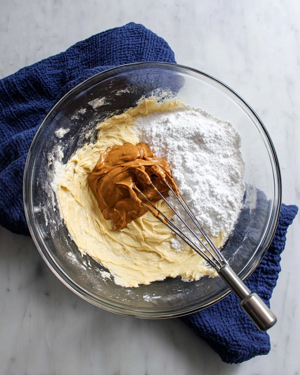 A clear glass bowl sits on a white marbled surface with a folded dark blue cloth underneath. Inside the bowl are three layers: the bottom layer is a creamy pale yellow mixture spread around the sides, the middle layer is a pile of white powdered sugar on the right side, and the left side holds a thick dollop of caramel-colored peanut butter. A metal hand mixer with two beaters rests inside the bowl with some of the creamy mixture sticking to the beaters. photo taken with an iphone --ar 4:5 --v 7