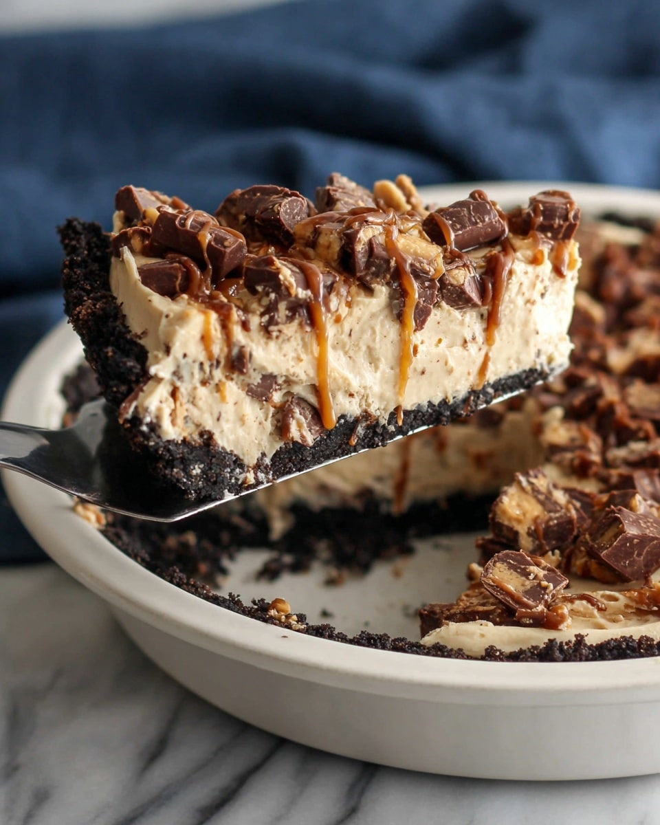 The image shows a close-up of a creamy pie being lifted out of a white ceramic pie dish, set on a white marbled surface with a dark blue cloth in the background. The pie has three visible layers: a thick, dark crumbled cookie crust at the bottom surrounding the whole pie, a large middle layer of light brown creamy filling with a smooth texture, and the top layer covered with chunky pieces of chocolate candies drizzled with a shiny caramel sauce. The pie slice is held by a metal spatula, and the rich textures of the crust, creamy filling, and candy pieces stand out clearly. photo taken with an iphone --ar 4:5 --v 7