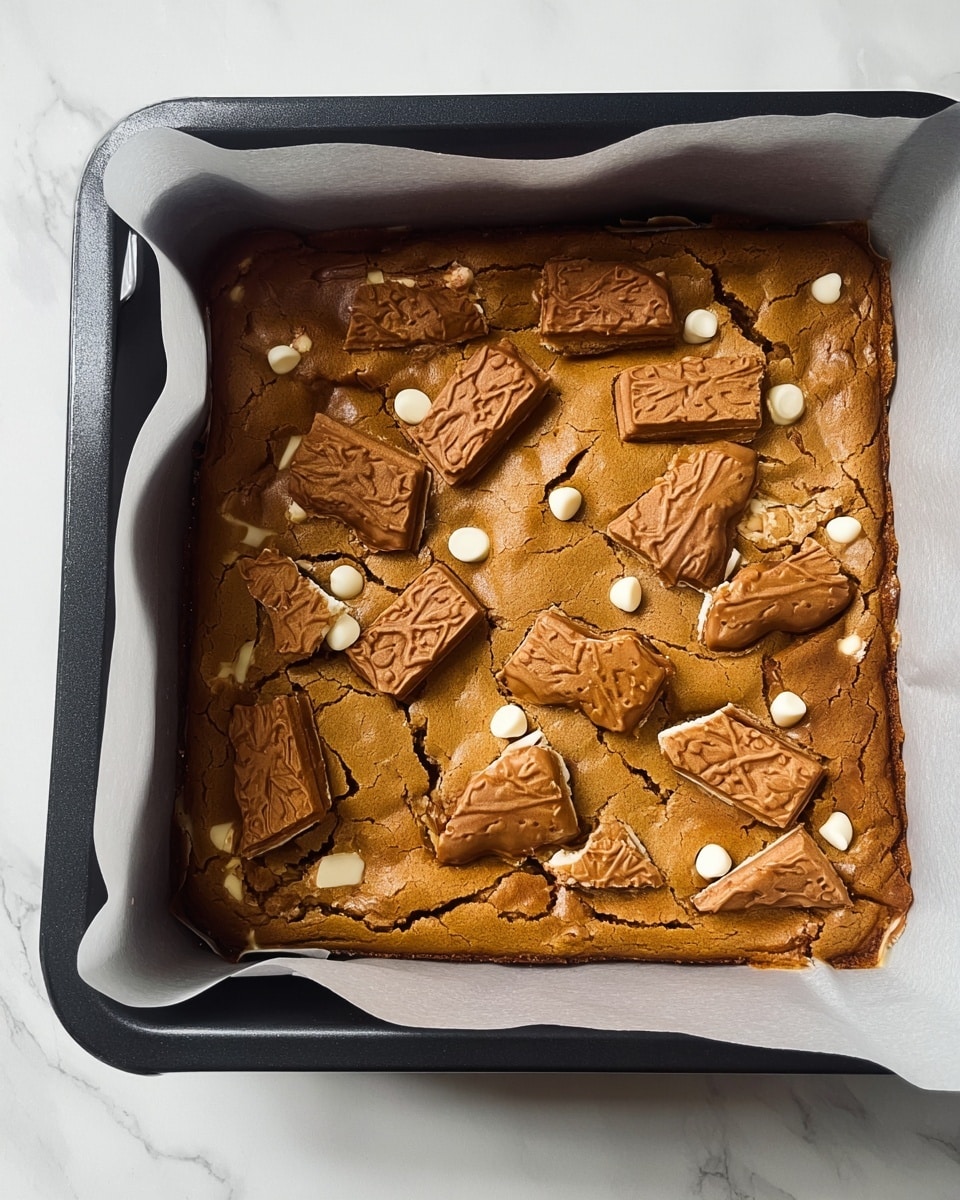 A close-up top view of a baked square dessert in a black baking dish lined with white parchment paper, resting on a white marbled surface. The dessert has a golden-brown, slightly cracked texture forming the base layer, topped with irregularly placed broken pieces of caramel-brown biscuits with imprinted patterns. Scattered among the biscuits are small white chocolate chips, adding contrast to the warm brown tones of the dessert. The edges are slightly raised and uneven, showing a soft but firm consistency photo taken with an iphone --ar 4:5 --v 7