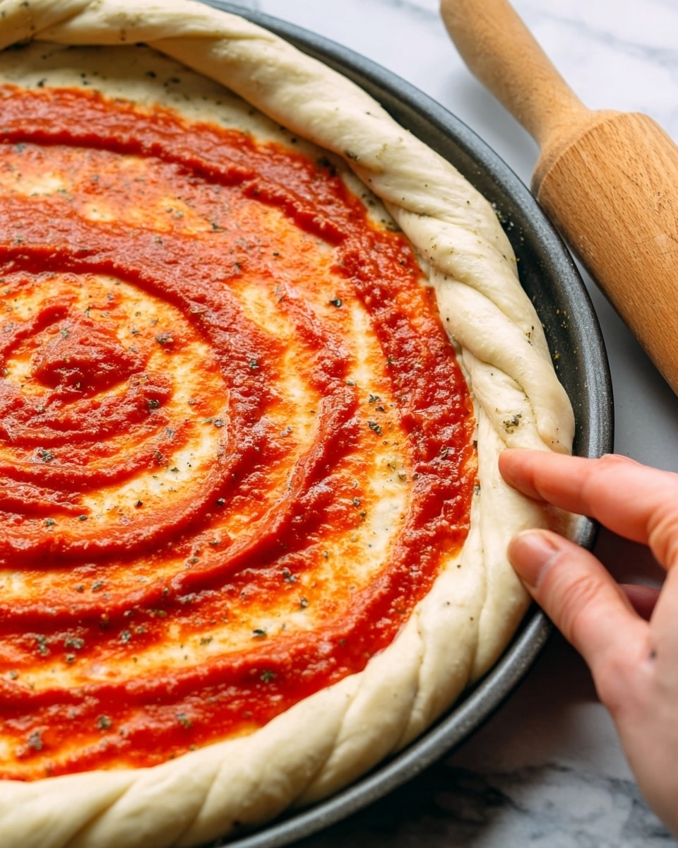 A close-up image shows a raw pizza dough with a twisted edge crust being pinched by a woman's hand on the right side. The dough layer is pale beige with specks of herbs, placed on a dark pizza pan. On top of the dough, a bright red tomato sauce layer is spread in a spiral pattern, covering most of the surface but stopping short of the edges. A wooden rolling pin is partially visible in the top right corner. The background is a white marbled texture photo taken with an iphone --ar 4:5 --v 7