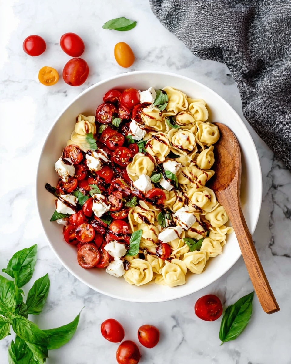 A white bowl filled with three layers of food: the bottom layer has light yellow tortellini pasta, the middle layer has bright red halved cherry tomatoes and torn green basil leaves, and the top layer has white chunks of soft cheese with a dark brown balsamic glaze drizzled over everything. A wooden spoon rests on the right side of the bowl. The bowl sits on a white marbled surface with scattered whole cherry tomatoes and fresh basil leaves around it, with a folded gray cloth in the upper right corner. Photo taken with an iphone --ar 4:5 --v 7