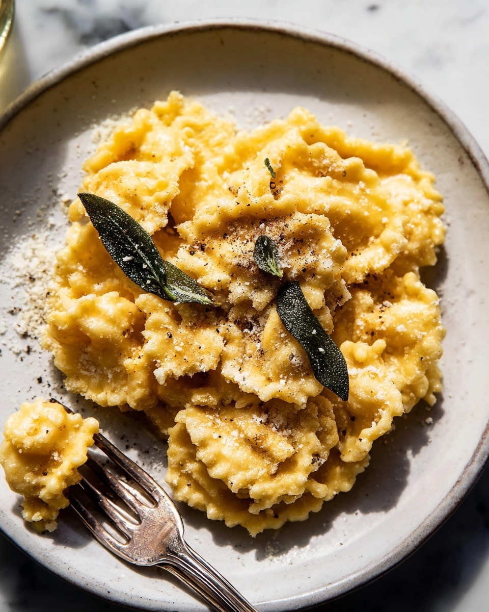 A white plate holds a pile of ruffled yellow pasta with a creamy texture, sprinkled with light brown powdered cheese and black pepper. On top and around the pasta, there are green fried sage leaves adding contrast. Two tarnished silver forks rest on the left side of the plate, one holding a small portion of pasta. The background shows a white marbled texture with soft natural light illuminating the dish. photo taken with an iphone --ar 4:5 --v 7
