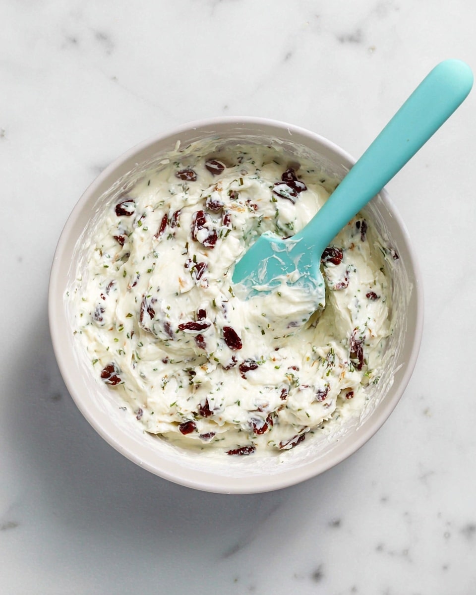 A white bowl filled with a creamy white mixture that has visible small pieces of dark red and green ingredients spread evenly throughout. A light blue spatula rests inside the bowl on the right side, covered with the same creamy mixture. The bowl is set on a white marbled surface. photo taken with an iphone --ar 4:5 --v 7
