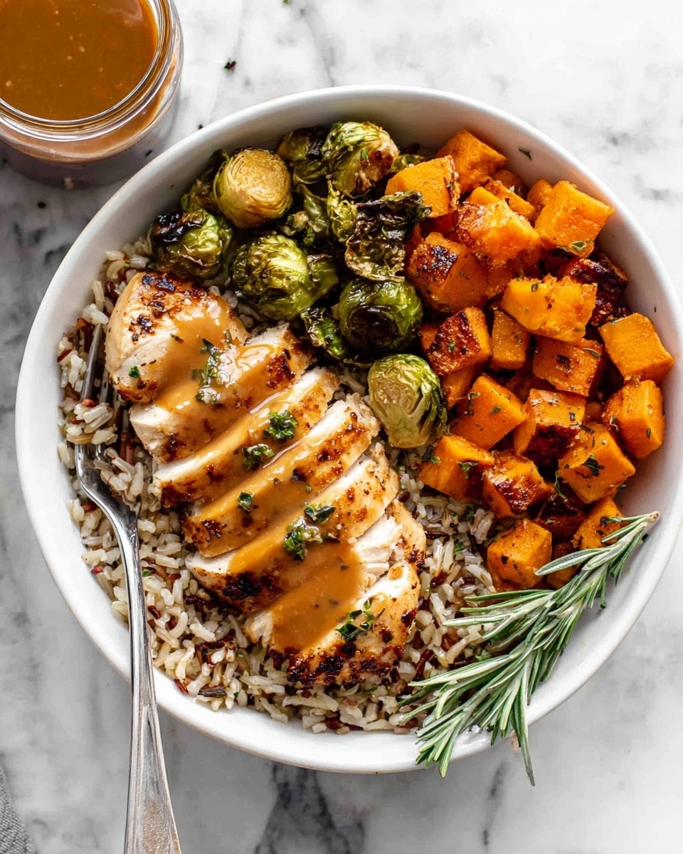 A baking tray filled with three cooked chicken pieces that are light brown with charred spots on top. Around the chicken, there are bright orange cubes of roasted sweet potatoes and green Brussels sprouts, some halved showing their light green inside, all with a slight roast color. Sprigs of fresh green rosemary are scattered on top of the chicken and vegetables. The tray rests on a white marbled surface. photo taken with an iphone --ar 4:5 --v 7