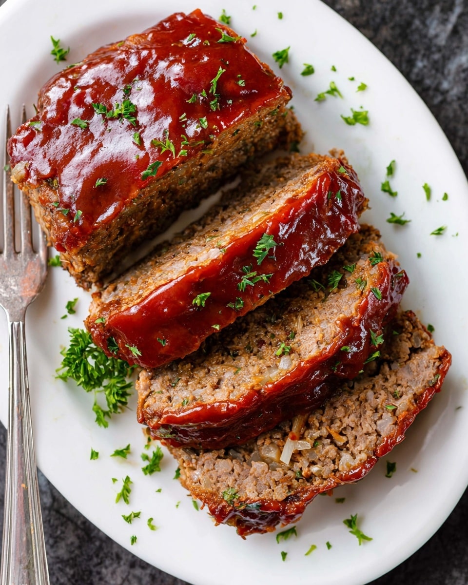 A white oval plate holds three thick slices of meatloaf arranged in a slightly stacked way. The meatloaf has a dense texture with visible bits of onion inside. The top layer is covered with a shiny, dark red sauce that looks smooth and sticky, and small green parsley pieces are sprinkled over the sauce and around the plate. A silver fork rests on the left side of the plate. The surface underneath the plate has a white marbled texture. photo taken with an iphone --ar 4:5 --v 7
