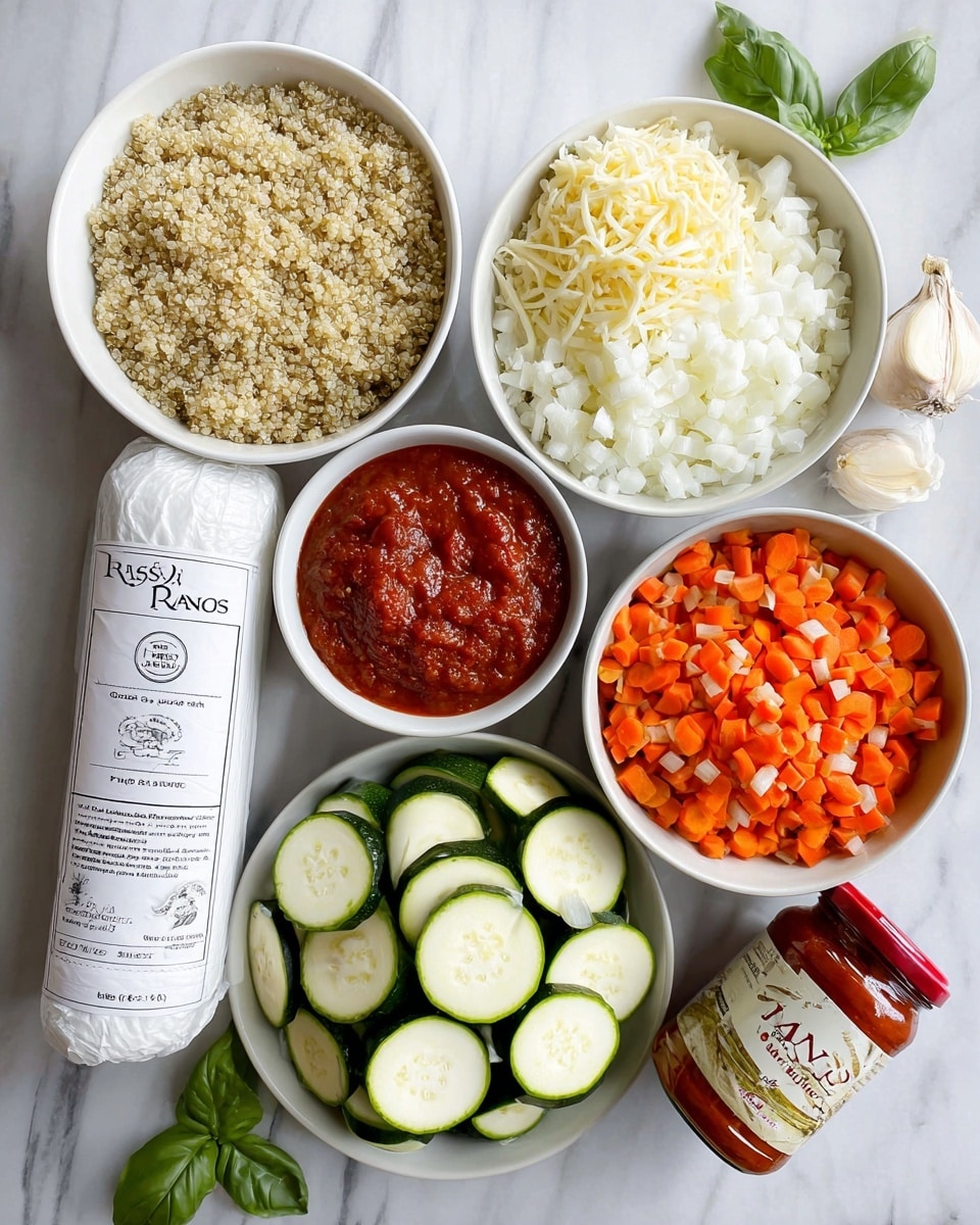 The image shows a white marbled surface with six main elements arranged: a white bowl filled with light brown cooked quinoa at the top left, a slightly smaller white bowl with finely shredded pale yellow cheese above the quinoa, a large white bowl on the right with two layers – the top half filled with small, white chopped onions and the bottom half filled with small, bright orange chopped carrots. Below the quinoa bowl is a small white bowl containing white cottage cheese with a crumbly texture. Next to it, a large white bowl filled with evenly sliced rounds of green zucchini. There is also a cylindrical package wrapped in white paper with black text and logos, lying near the front, and two garlic cloves along with fresh green basil leaves placed loosely on the surface. To the right side sits a clear glass jar with red marinara sauce and a white label with red and yellow details. Photo taken with an iphone --ar 4:5 --v 7