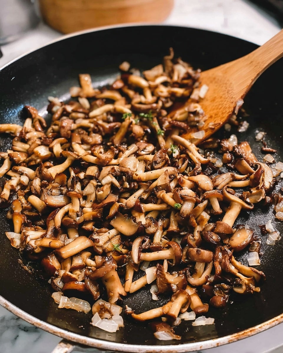 A close-up of a black pan filled with a mix of cooked mushrooms in different shapes and sizes, all light to dark brown with a shiny, soft texture, some small diced onions mixed in, and a woman's wooden spatula stirring the mushrooms from the right side. The pan sits on a white marbled surface with a light wooden container blurred in the background. The mushrooms look tender and cooked evenly, covering the whole pan bottom. photo taken with an iphone --ar 4:5 --v 7