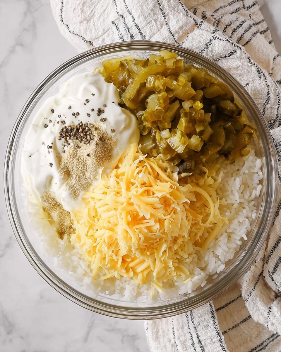 A clear glass bowl on a white marbled surface holds a mixture of five visible layers. The first bottom layer is white rice, which forms a base. On one side, there is a thick layer of white sour cream with a smooth texture, topped with small piles of black pepper and a light beige powder. Another layer is finely chopped greenish-yellow pickles, slightly chunky in texture. On the opposite side from the pickles is a heap of shredded cheese, mostly yellow with some white strands mixed in, forming a fluffy mound. The bowl is positioned on a white and gray striped cloth. Photo taken with an iphone --ar 4:5 --v 7