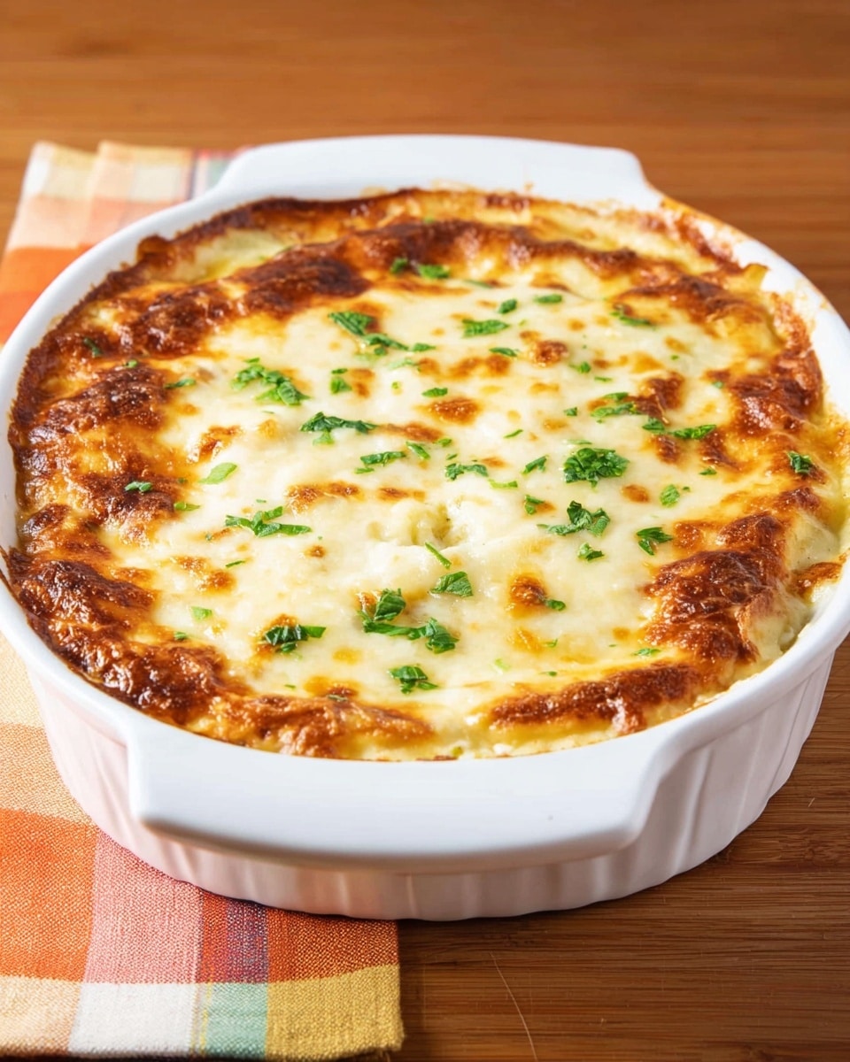 A white ceramic round dish filled with a baked casserole that has a top layer of melted, golden-brown cheese with some spots browned more deeply. The cheese layer looks thick and slightly bubbly with a smooth, creamy texture. There are small green herb pieces scattered on top for garnish. The dish is placed on a wooden surface with a folded checkered cloth in shades of orange, cream, and green beside it. The edges of the casserole dish show some slight browning from baking. photo taken with an iphone --ar 4:5 --v 7
