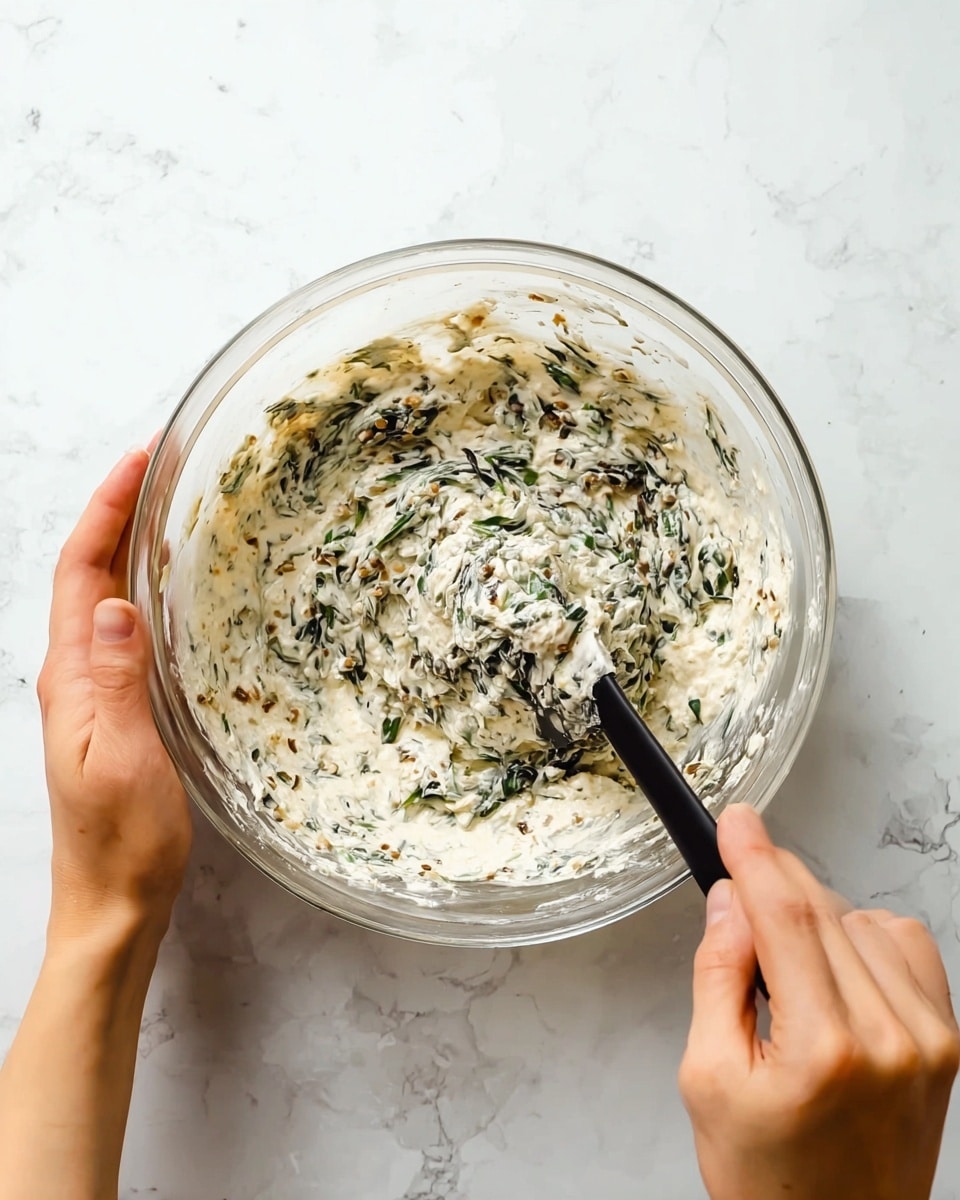A clear glass bowl sits on a white marbled surface filled with a creamy mixture that has visible green leafy pieces and small brown bits, showing a thick, textured consistency. Two woman's hands are in the frame, one holding the bowl steady on the left and the other stirring the mix with a black spatula on the right. The mix’s white base contrasts with the green and brown elements scattered throughout. Photo taken with an iphone --ar 4:5 --v 7