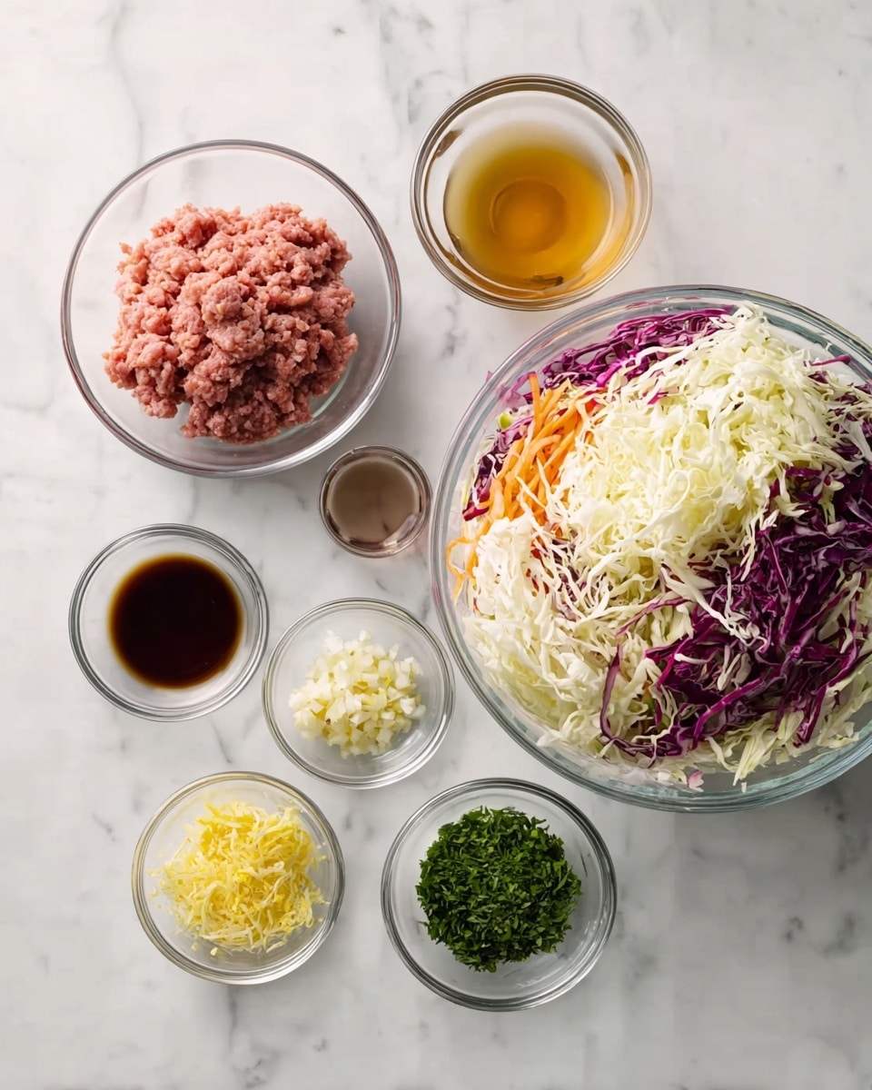 The image shows eight clear glass bowls of different sizes arranged on a white marbled surface. The largest bowl on the right holds shredded cabbage mix with white, purple, and orange colors. Next to it on the left, a medium bowl contains ground meat with pink and light beige shades. Above this bowl, two smaller bowls hold light brown and dark brown liquids. Below and between these bowls are four very small glass bowls with finely chopped ingredients: white garlic, yellow ginger, yellow lemon zest, and green herbs. The setup looks clean and organized, ready for cooking. Photo taken with an iphone --ar 4:5 --v 7