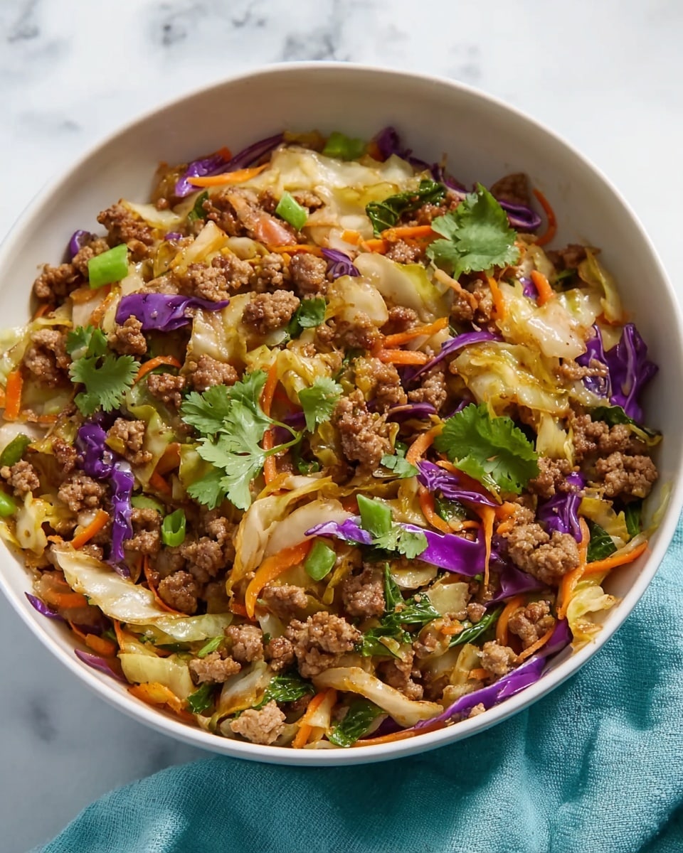 The image shows a white bowl filled with a mix of cooked ground meat and chopped vegetables. The bottom layer is mostly light brown cooked cabbage mixed with thin slices of orange carrots and bits of green leafy vegetables. On top, there are uneven small pieces of browned ground meat scattered all over, adding a bit of a chunky texture. Mixed throughout the dish are small bits of purple cabbage and garnished with fresh green cilantro leaves for color contrast. The bowl is placed on a white marbled surface with a soft teal napkin beside it. photo taken with an iphone --ar 4:5 --v 7