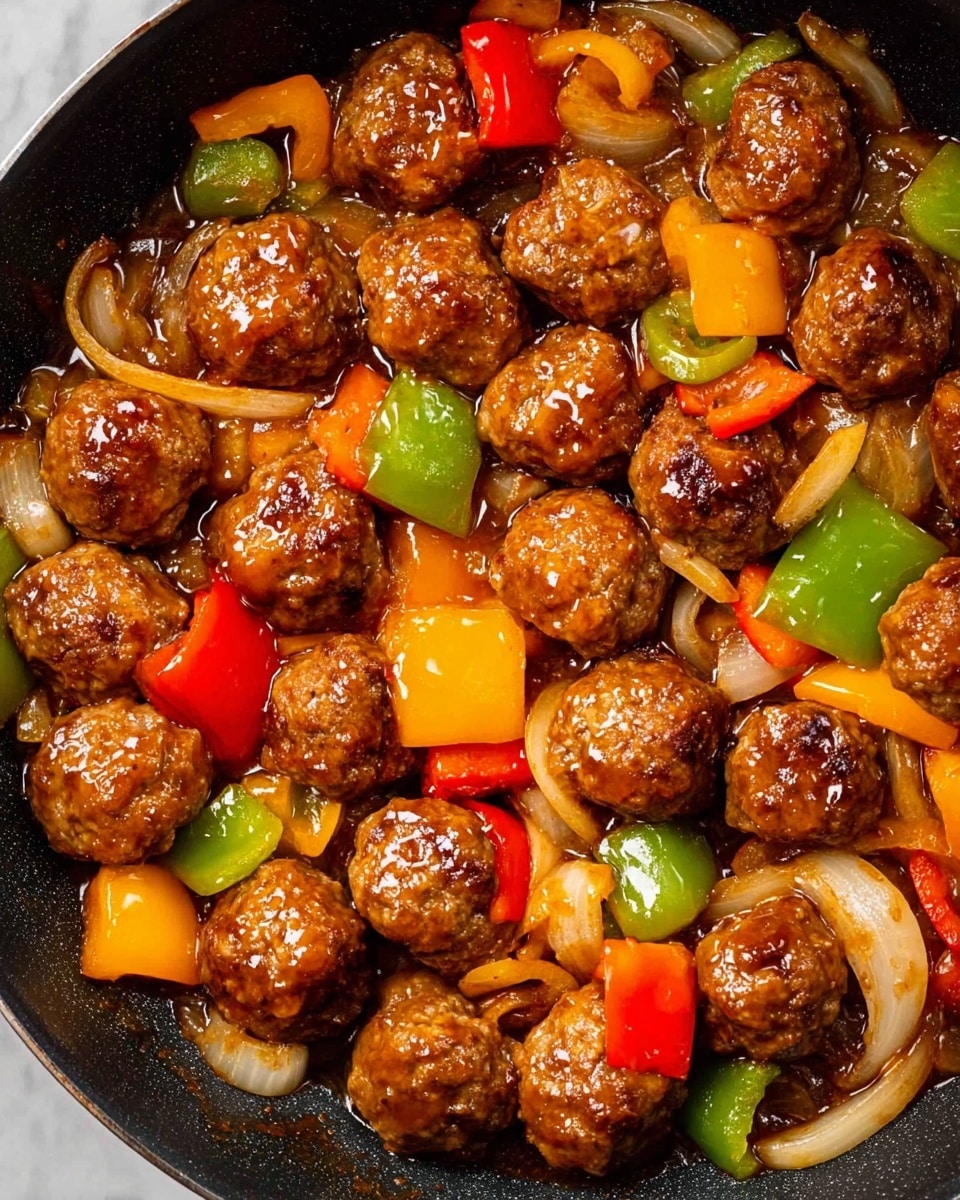 The image shows a pan full of shiny, brown meatballs layered evenly across the surface. Mixed evenly among the meatballs are pieces of green, red, and yellow bell peppers, which add bright spots of color with their smooth, slightly glossy texture. Lightly cooked white onion pieces, semi-translucent with a soft texture, are scattered throughout the pan, creating contrast with the darker meatballs. The whole dish is coated in a thick, glossy sauce that adds a rich brown color and a sense of moisture to the meal. The background and surface appear as a white marbled texture. Photo taken with an iphone --ar 4:5 --v 7