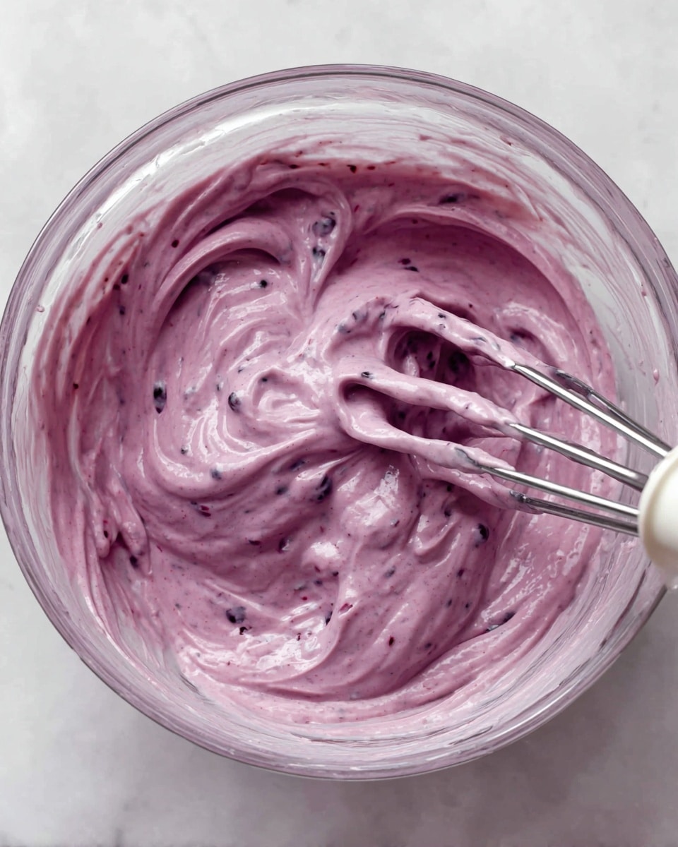 A close-up top view of a clear glass bowl filled with creamy, thick purple mixture with small darker berry pieces mixed in. Two shiny silver beaters coated with the purple cream rest inside the bowl, showing soft, smooth swirls and peaks of the mixture. The bowl sits on a white marbled surface that contrasts with the rich color of the mixture. photo taken with an iphone --ar 4:5 --v 7