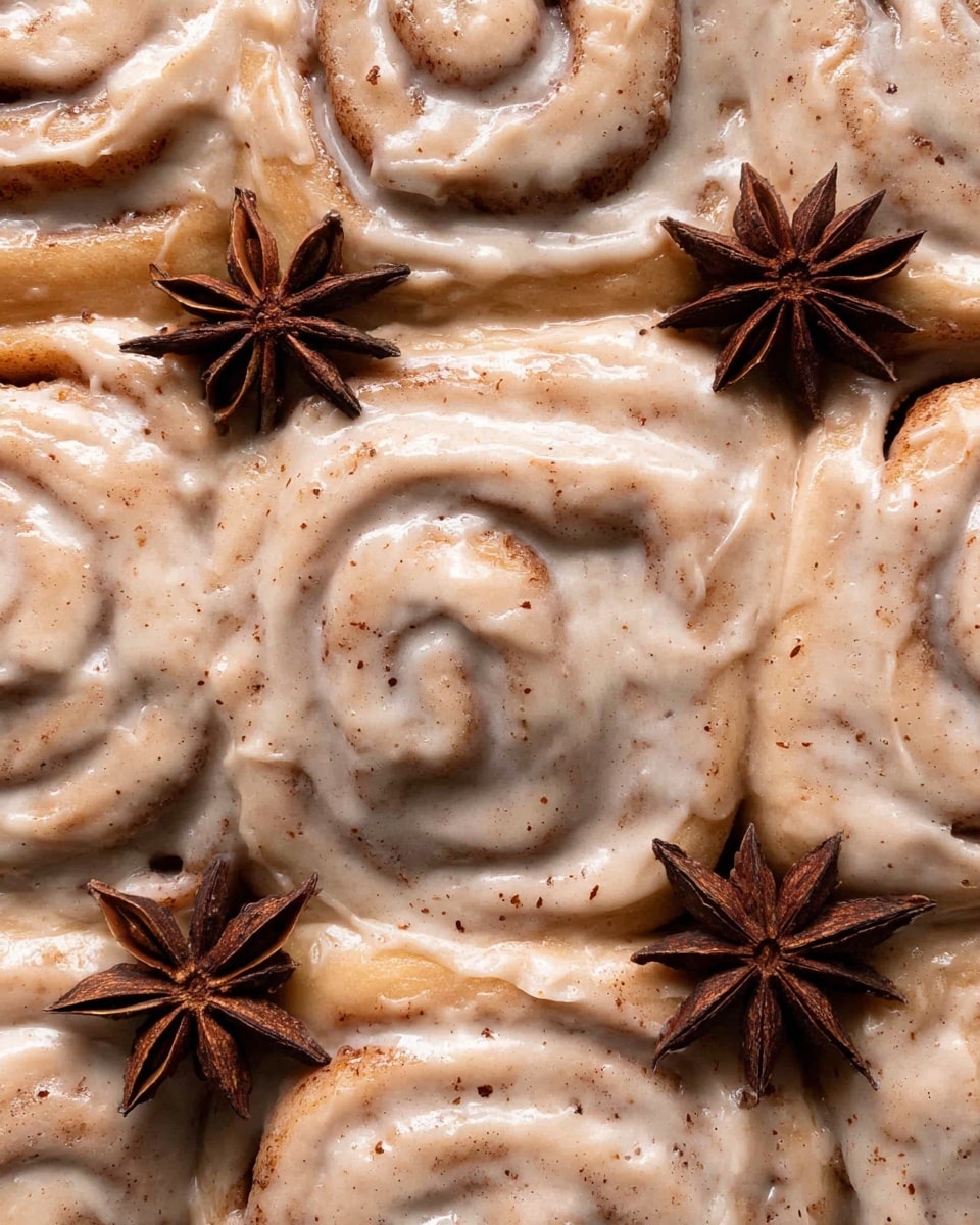 The image shows a close-up view of a batch of cinnamon rolls covered in a thick, creamy light brown icing with visible specks of cinnamon throughout. The rolls are arranged tightly together, showing their spiral layers with a soft, doughy texture underneath the icing. On top of the rolls, there are a few whole star anise pieces placed as decoration, adding a dark brown contrast against the creamy icing. The background is a white marbled texture, making the light brown rolls and sugary icing stand out clearly. photo taken with an iphone --ar 4:5 --v 7