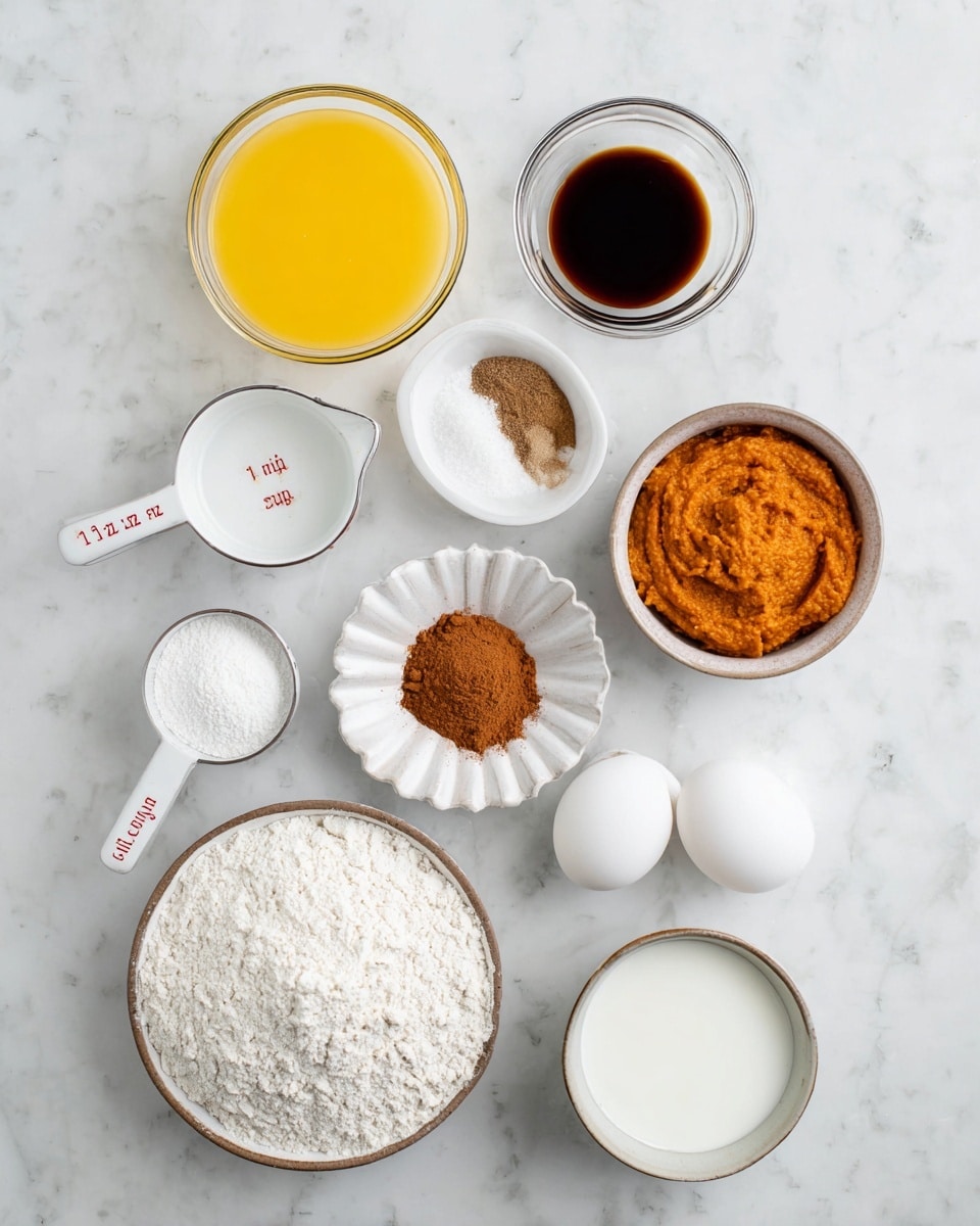The image shows nine different ingredients on a white marbled surface arranged neatly. Starting from the top left, there is a small glass bowl with melted butter, bright yellow and smooth in texture. To its right is a small clear glass bowl with dark brown vanilla extract. Next, a small white bowl with a slightly brown edge holds three spices: brown cinnamon, white salt, and light brown nutmeg, all piled side by side. Below the butter, a white measuring cup labeled