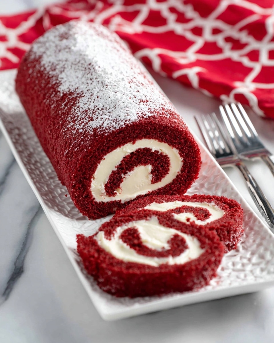 A white rectangular plate holds eight red velvet cake rolls arranged in two neat rows. Each roll has two visible layers: a thick, deep red outer layer and a creamy off-white inner swirl layer. The rolls are dusted with a light sprinkling of powdered sugar, adding a soft white texture on top. The plate is placed on a white marbled surface, with a silver fine-mesh sifter filled with powdered sugar nearby, and a red and white patterned cloth partly in view. Nearby, a white plate with two silver forks rests, completing the clean and inviting presentation. Photo taken with an iphone --ar 4:5 --v 7