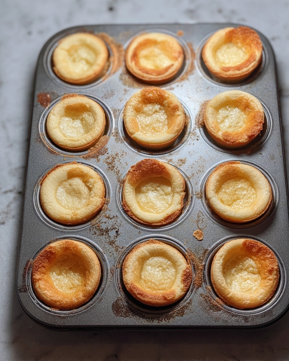 The image shows a metal muffin tray with twelve small round pastries, each with two layers. The bottom layer is pale golden dough with a slightly puffed and soft texture, while the top layer is a smaller, slightly darker golden circle, sitting in the center of the bottom dough forming a shallow cup shape. The pastries have uneven, crisp edges and a light, toasted look. The metal tray has some spots of oil or grease and is placed on a white marbled surface. The photo taken with an iphone --ar 4:5 --v 7