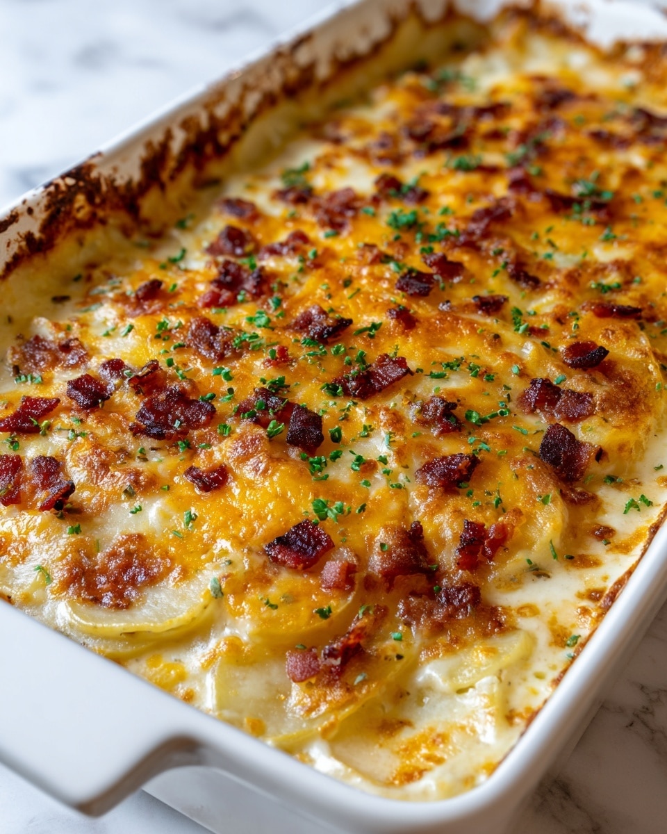 The dish is a baked potato casserole in a white rectangular dish, showing multiple layers. The bottom layer is creamy and light yellow, topped with thin potato slices visible beneath a golden-brown cheesy layer that is bubbly and slightly crispy on top. Scattered over the cheese are small dark red-brown bacon bits and finely chopped green herbs, adding color contrast. The edges of the dish show some browned, bubbly cheese with hints of cream underneath. The background is a white marbled surface. photo taken with an iphone --ar 4:5 --v 7