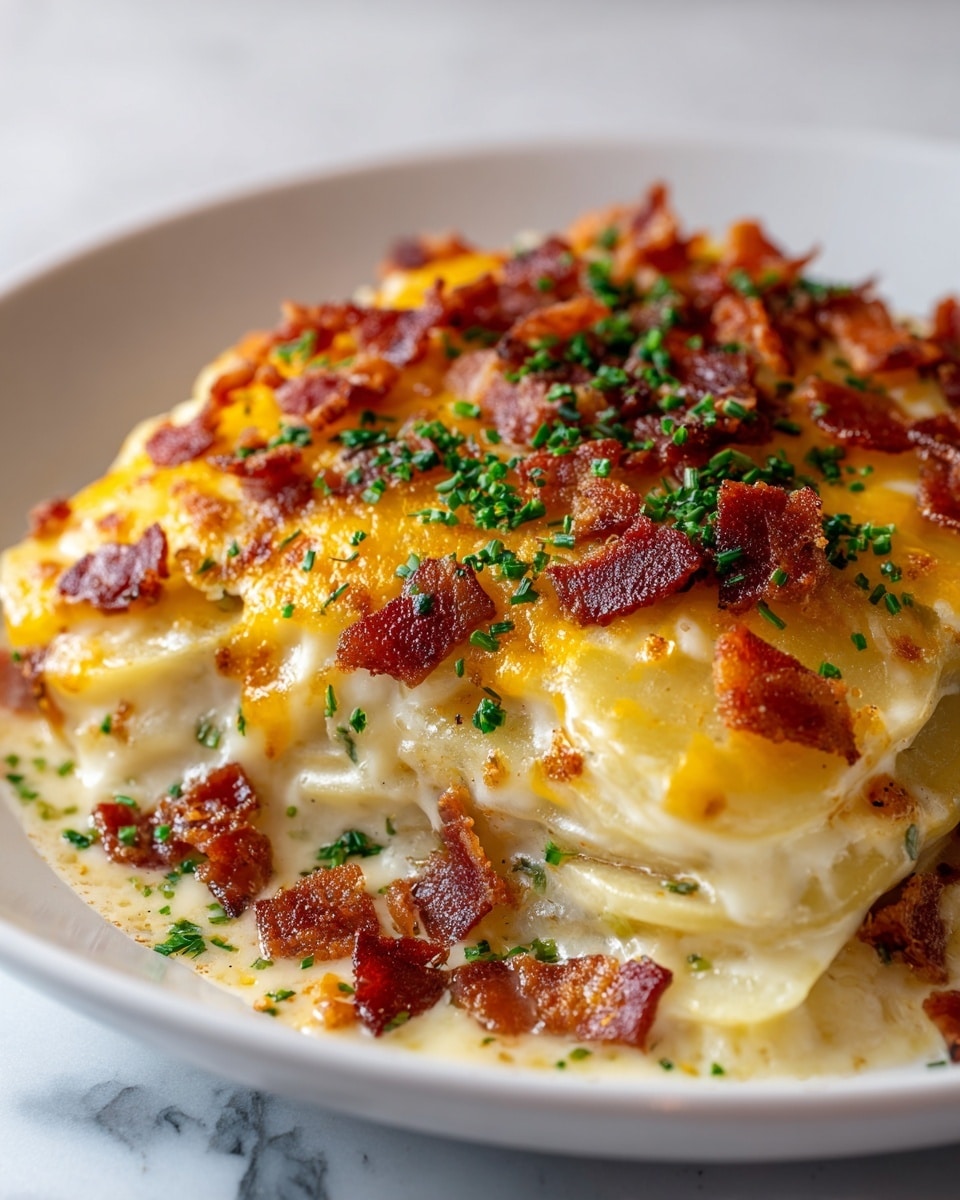 A close-up of a white plate holding a layered dish with creamy white potato slices covered in melted golden-yellow cheese, topped with crispy reddish-brown small bacon pieces and sprinkled with bright green chopped herbs evenly over the top. The potato layers are visible under the cheese and sauce, creating a soft, rich texture with a slightly browned finish on some cheese spots. The plate sits on a white marbled surface. Photo taken with an iphone --ar 4:5 --v 7