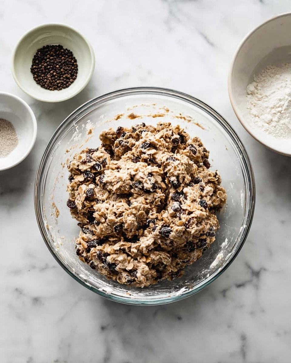 The image shows a clear glass bowl filled with a thick, chunky mixture composed mainly of oats, small dark pieces resembling dried fruit, and a light beige dough binding it all together. The bowl is placed on a white marbled surface alongside three smaller white bowls, one holding black peppercorns, another containing a small pile of white powder, and the last one empty with some scattered crumbs. The texture of the mixture appears rough and grainy, with the oats and dried fruit evenly distributed throughout the dough. photo taken with an iphone --ar 4:5 --v 7
