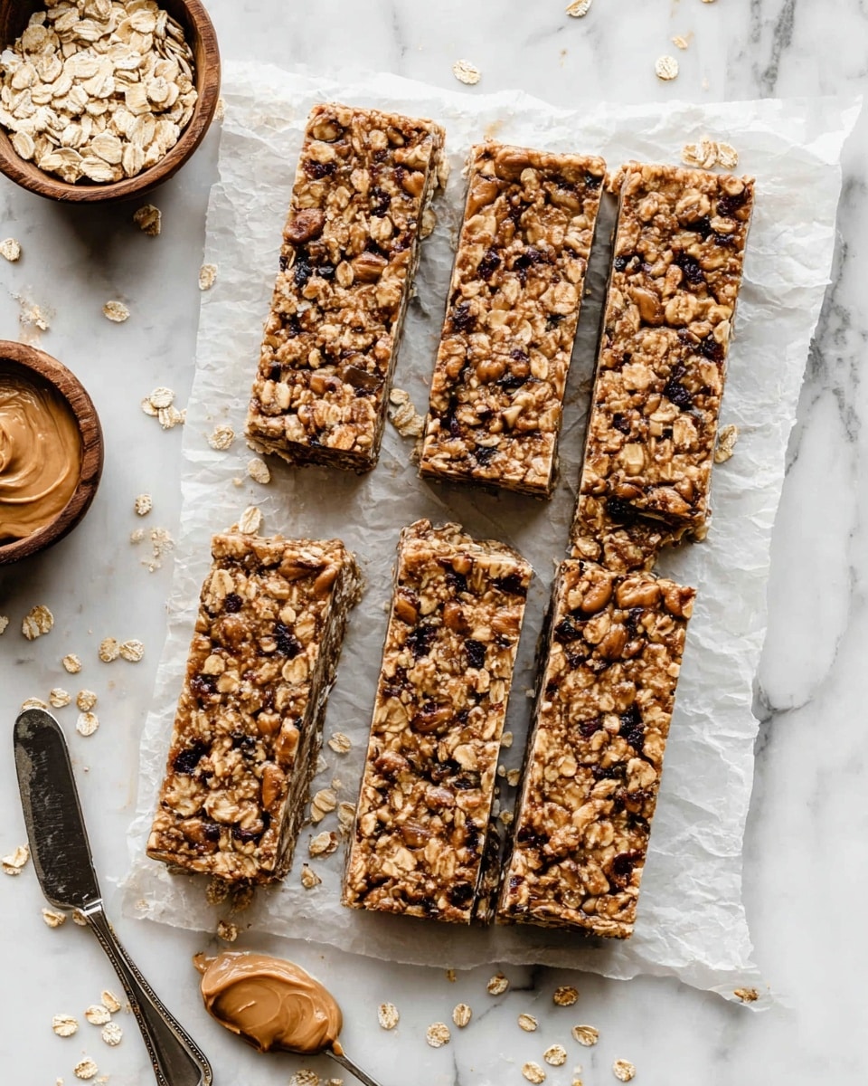 Six rectangular oat bars are placed on white parchment paper over a white marbled surface. Each bar shows a textured top layer made mostly of oats mixed with darker bits, possibly dried fruit or nuts, tightly packed together with a slightly glossy finish. Scattered oats are around the bars on the parchment and marbled surface. To the top left, a small brown wooden bowl holds more oats, and to the bottom left, a metal knife with some nut butter residue rests beside a dollop of smooth, light brown nut butter directly on the marbled surface. photo taken with an iphone --ar 4:5 --v 7
