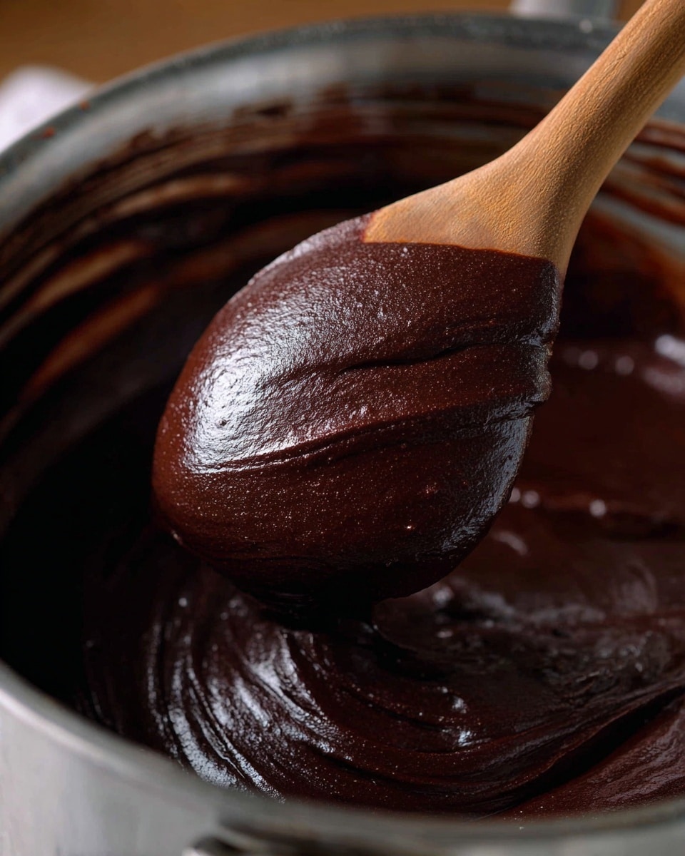 A close-up image of thick, dark brown chocolate batter with a smooth and shiny texture, being stirred by a wooden spoon over a silver metal pot. The chocolate batter covers the spoon almost completely, showing dense richness with slight gloss, while the pot edges hold some batter remnants. The background is blurred, focusing fully on the rich chocolate mix. photo taken with an iphone --ar 4:5 --v 7