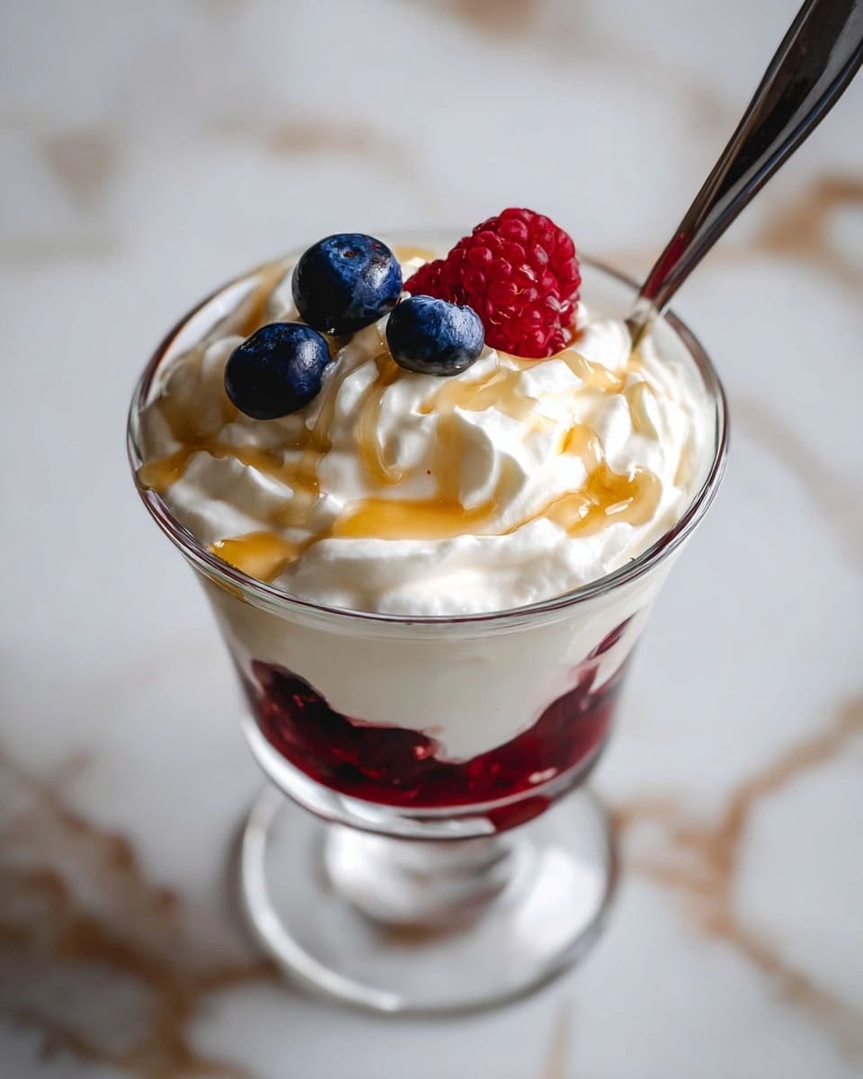 The image shows a clear glass dessert cup with three layers: the bottom layer is red berries, the middle layer is white creamy yogurt, and the top layer is whipped cream with a drizzle of golden honey in the center. On top of the whipped cream, there are two dark blue blueberries and one red raspberry. A metal spoon rests inside the glass. The glass sits on a white marbled surface. Photo taken with an iphone --ar 4:5 --v 7