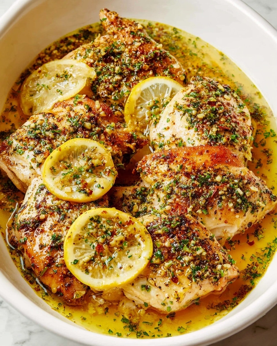 The image shows four cooked fish fillets layered closely together in a white dish, covered in a bright yellow sauce with visible herbs and spices sprinkled on top. Each fillet has a slightly browned, seasoned surface with chopped green herbs and small bits of garlic on them. Thin lemon slices rest on the top two fillets, adding a pop of light yellow and green. The sauce pools around the fillets with a glossy texture, mixed with flecks of red chili flakes and herbs. There is also a silver spoon partially under the bottom fillet, gently lifting it. The background is a white marbled texture. photo taken with an iphone --ar 4:5 --v 7