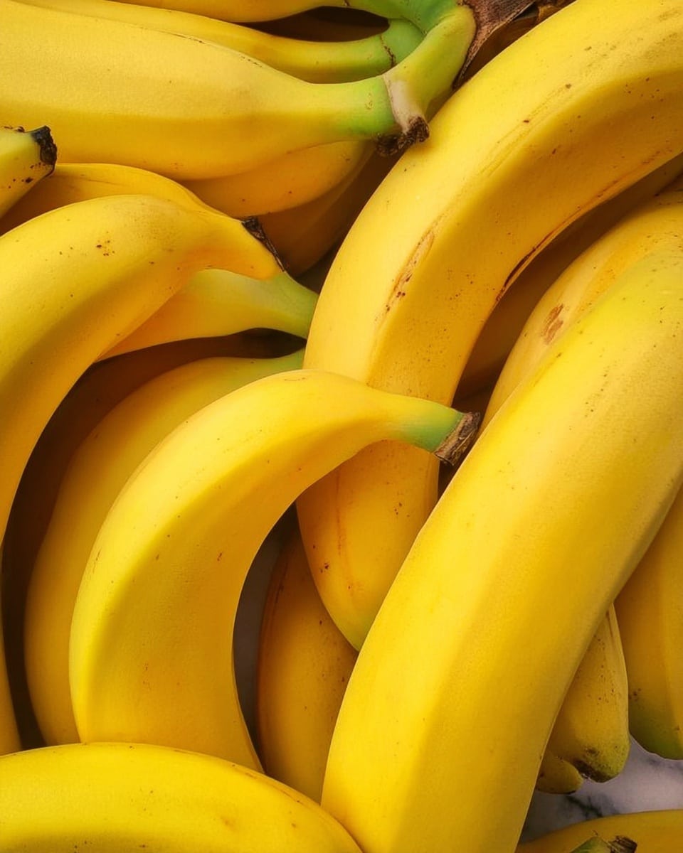 The image shows a bunch of ripe yellow bananas closely packed together, each banana having a smooth bright yellow peel with some small brown marks and green near the stem. The bananas overlap each other with curved shapes and smooth textures, filling the frame fully on a white marbled surface. photo taken with an iphone --ar 4:5 --v 7