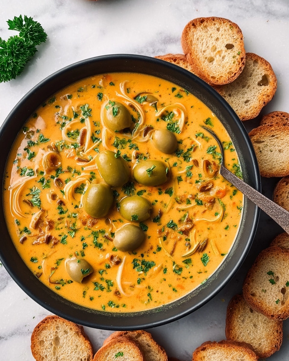 A large black bowl filled with a creamy orange soup with visible green herbs and thin white noodle-like strands mixed inside, topped with whole green olives and small pieces of browned bits, garnished with a sprig of fresh green parsley at the edge; the bowl is placed on a white marbled surface with several round toasted slices of bread around it. photo taken with an iphone --ar 4:5 --v 7