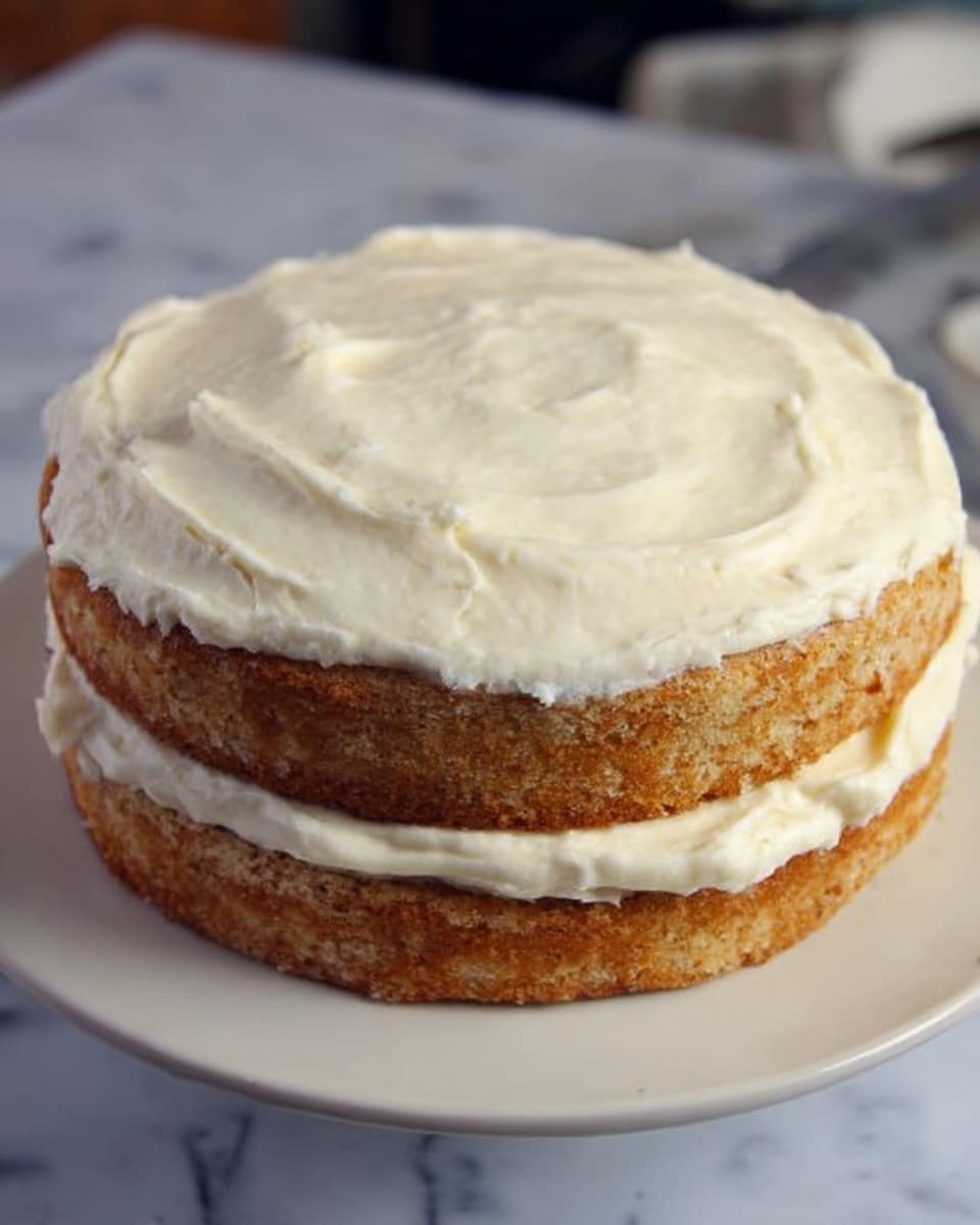 The image shows a two-layer cake on a white plate with a white marbled surface underneath. The bottom and top layers are light brown with a grainy texture, looking soft and slightly crumbly. Between the layers and on top, there is a thick, smooth, white cream spread evenly, with some visible swirls on the top layer’s cream. The cake looks simple and homemade, with no decorations other than the cream. Photo taken with an iphone --ar 4:5 --v 7