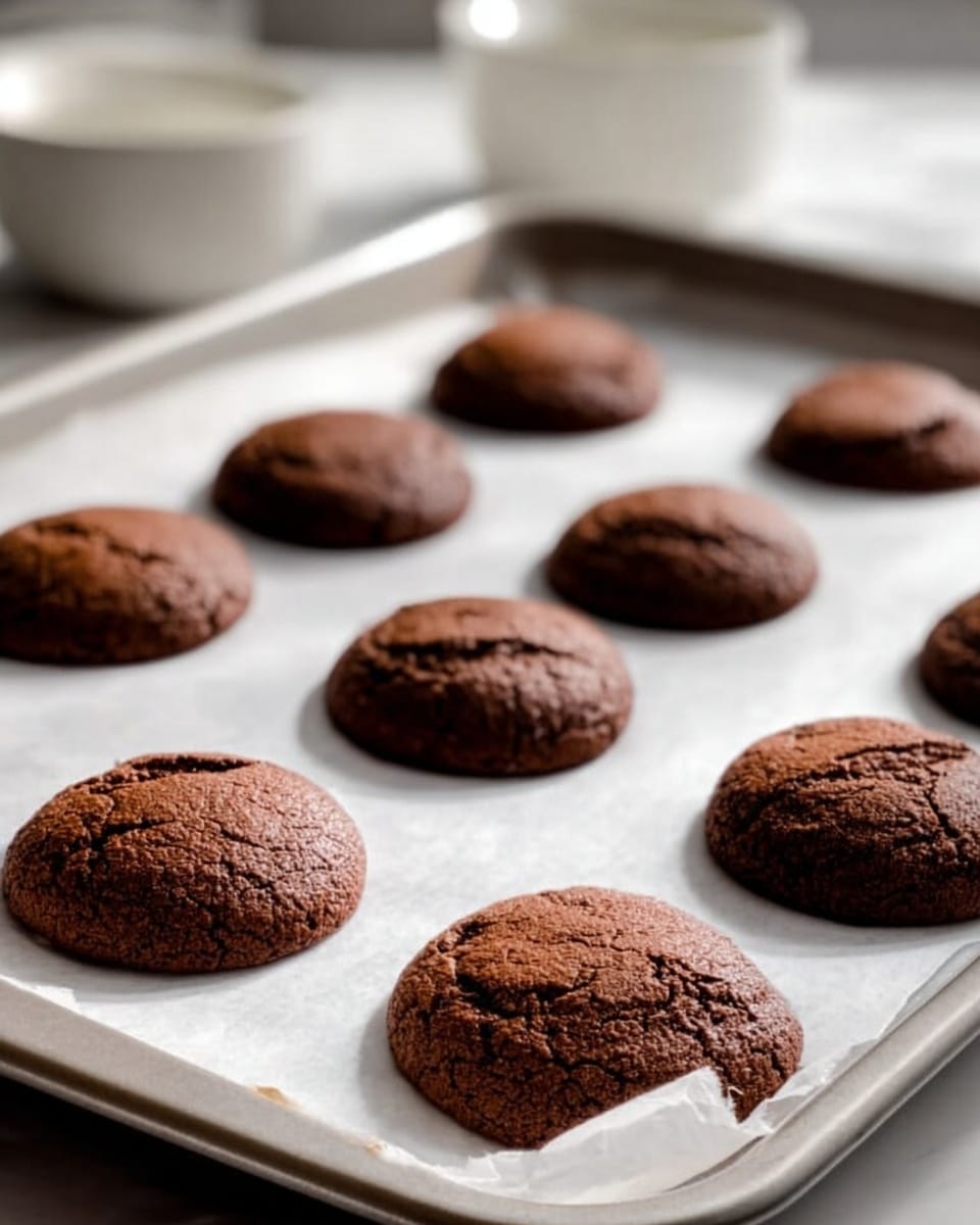 The image shows a baking tray lined with white parchment paper holding twelve round chocolate cookies. Each cookie is dark brown with a slightly cracked texture on top, looking soft and thick. The tray is placed on a white marbled surface. In the background, parts of white bowls are visible, slightly blurred. Photo taken with an iphone --ar 4:5 --v 7