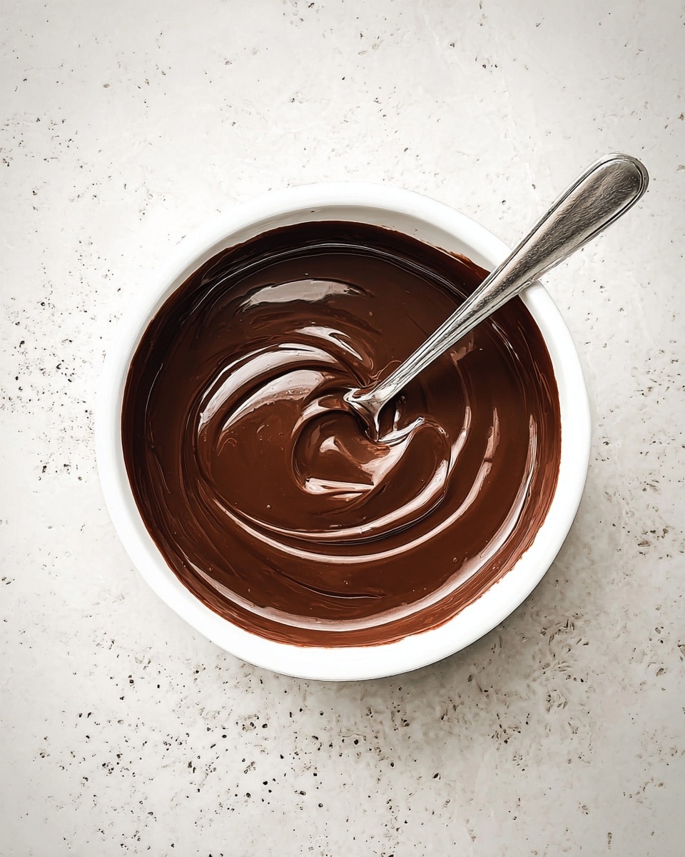 A white bowl filled with one thick layer of smooth, shiny dark brown chocolate sauce. In the center, a silver spoon rests flat against the chocolate, creating a swirl pattern that reflects the light. The bowl sits on a white marbled textured surface with dark specks scattered lightly. The overall look is glossy and rich with a focus on the creamy texture. photo taken with an iphone --ar 4:5 --v 7